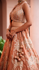 Rust Tissue Floral Embroidered Lehenga Set
