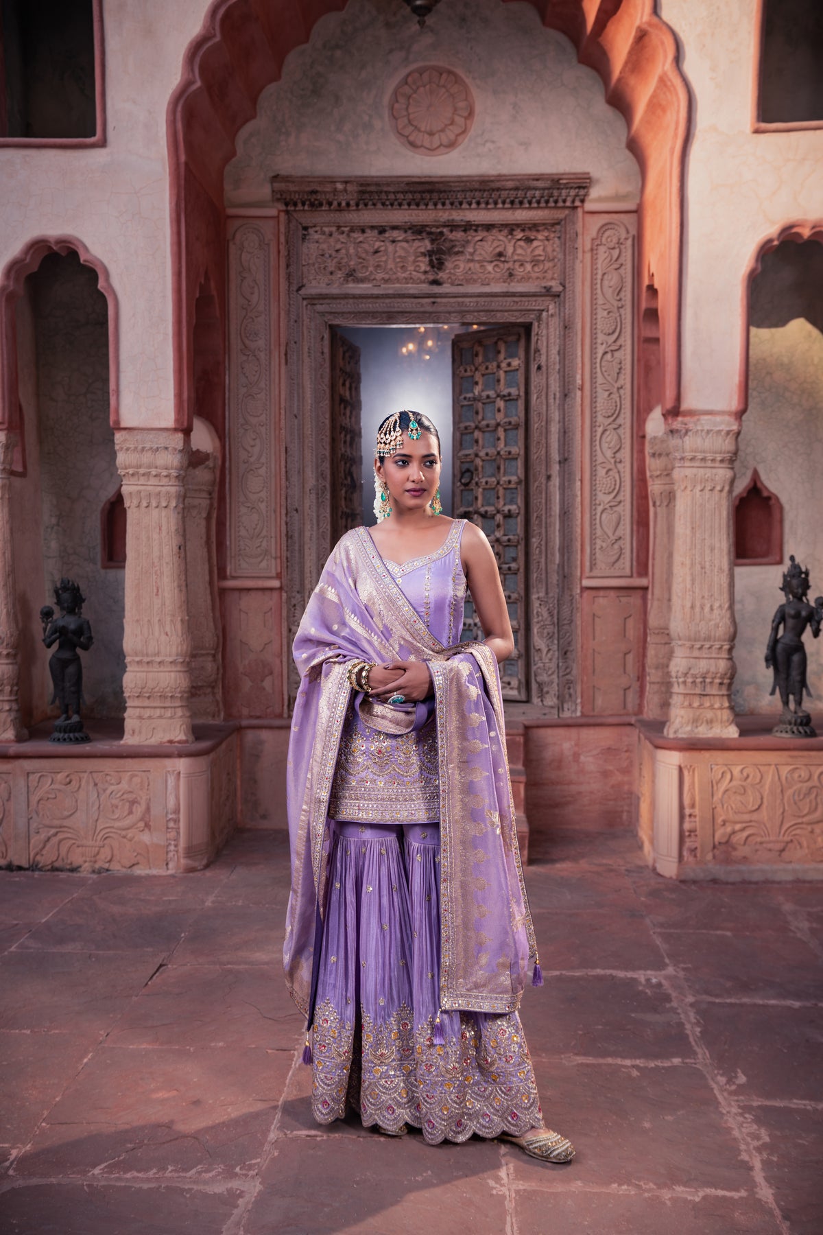 Lavender Embroidered Kurta Sharara Set