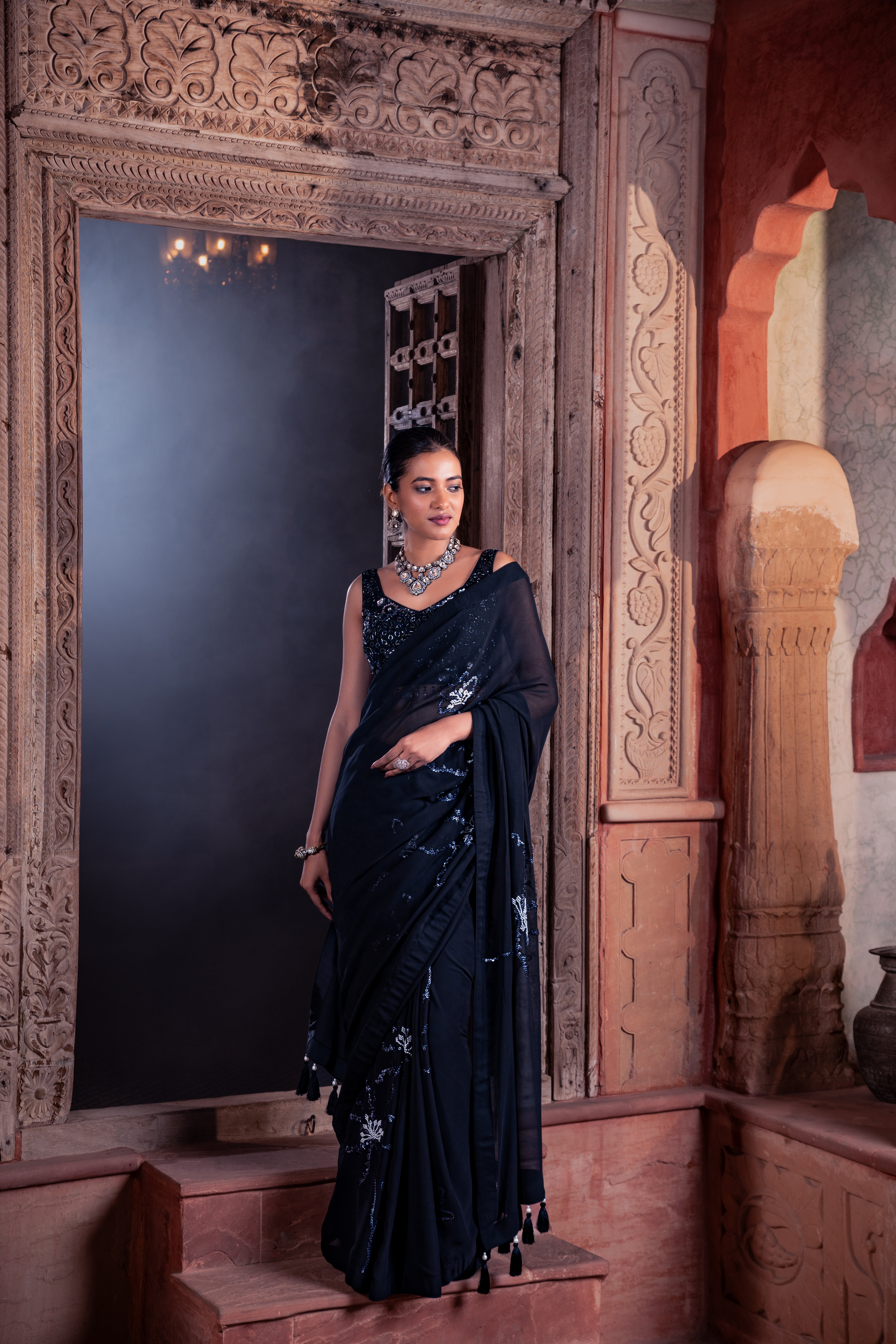 Black Net, Viscose, Georgette Sequins, Beads Embellished Saree And Blouse Set