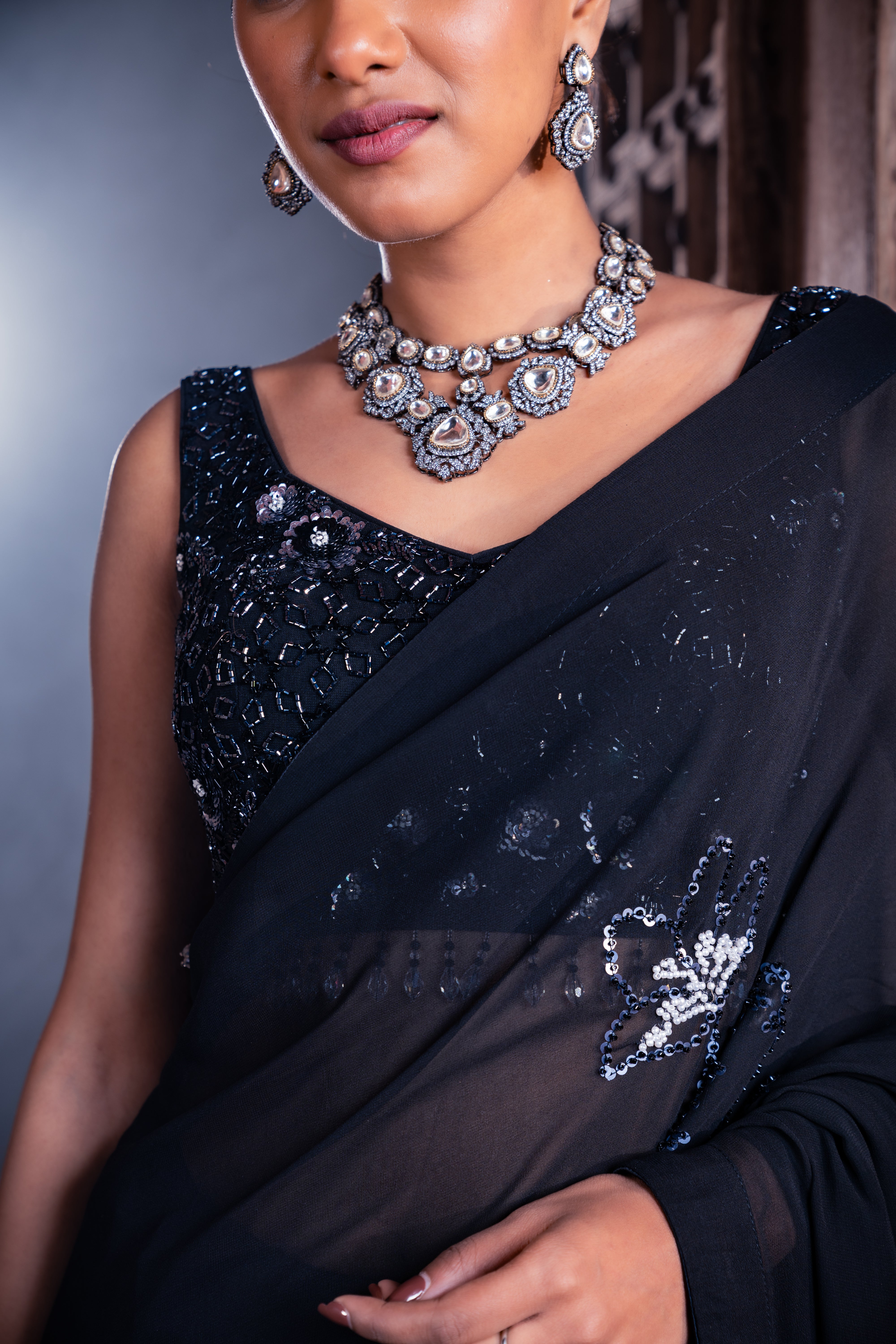 Black Net, Viscose, Georgette Sequins, Beads Embellished Saree And Blouse Set