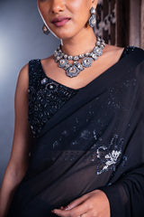 Black Net, Viscose, Georgette Sequins, Beads Embellished Saree And Blouse Set