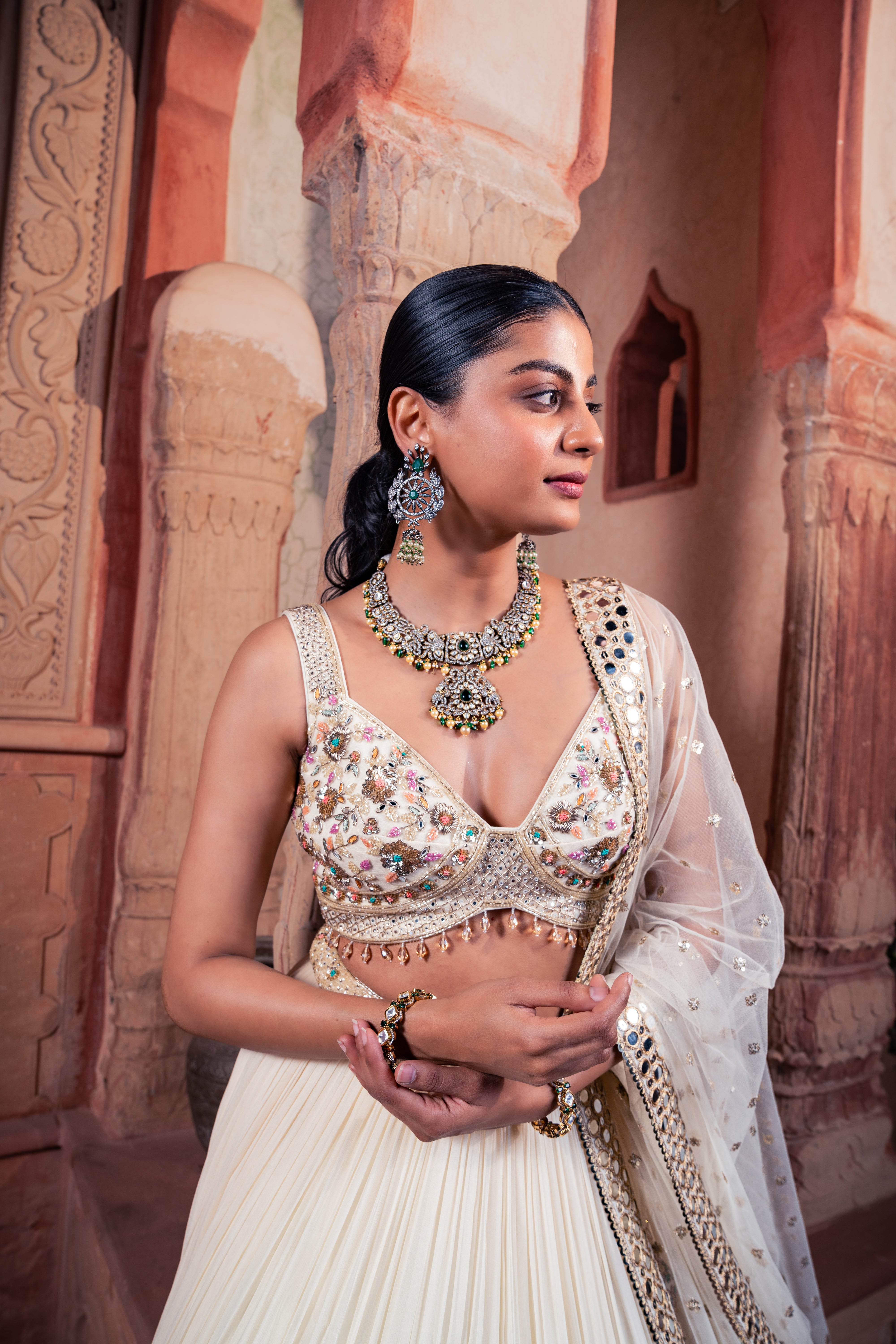 Beige Net & Viscose Georgette Resham Work Lehenga Set