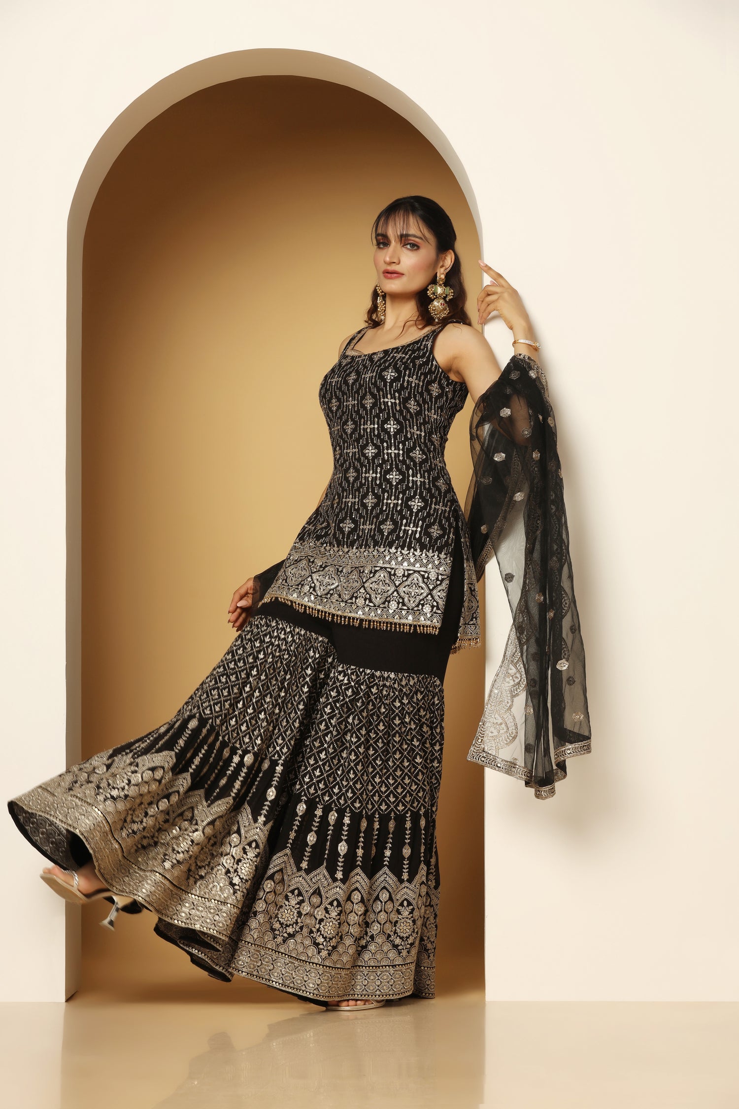 Zari and Sequined Adorned Sharara Suit