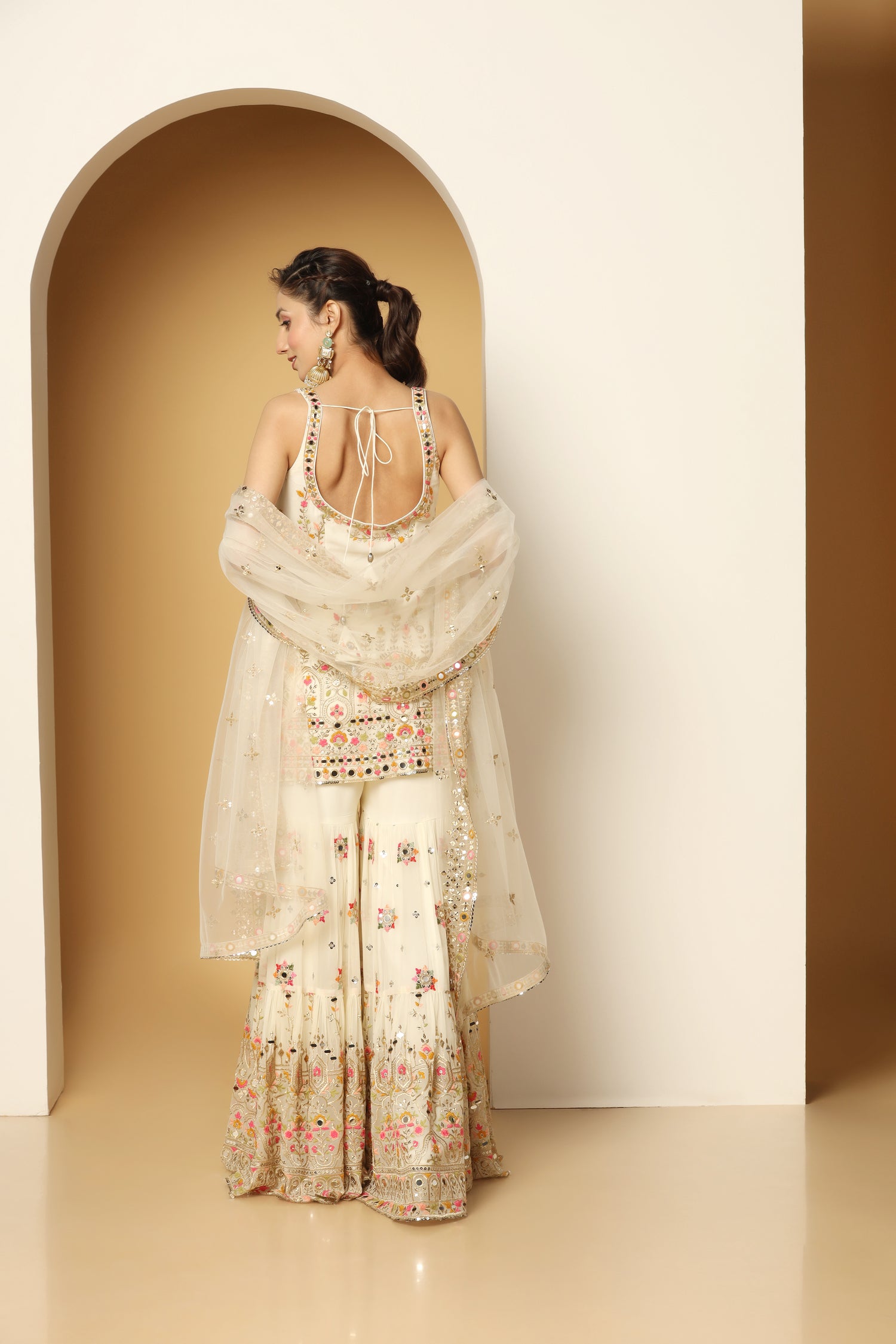 Multi thread & Foil work ivory sharara suit