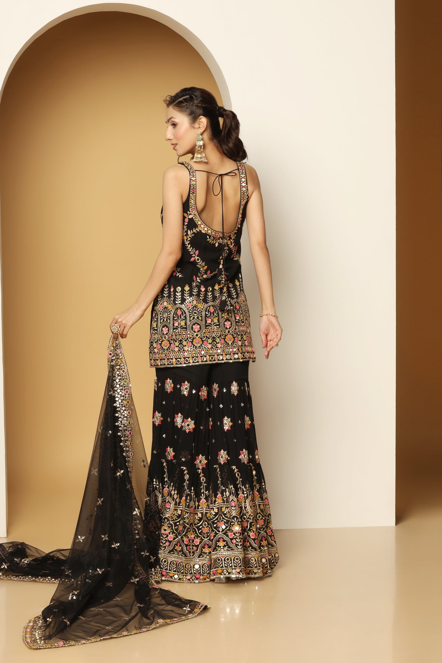 Multi thread & Foil work black sharara suit