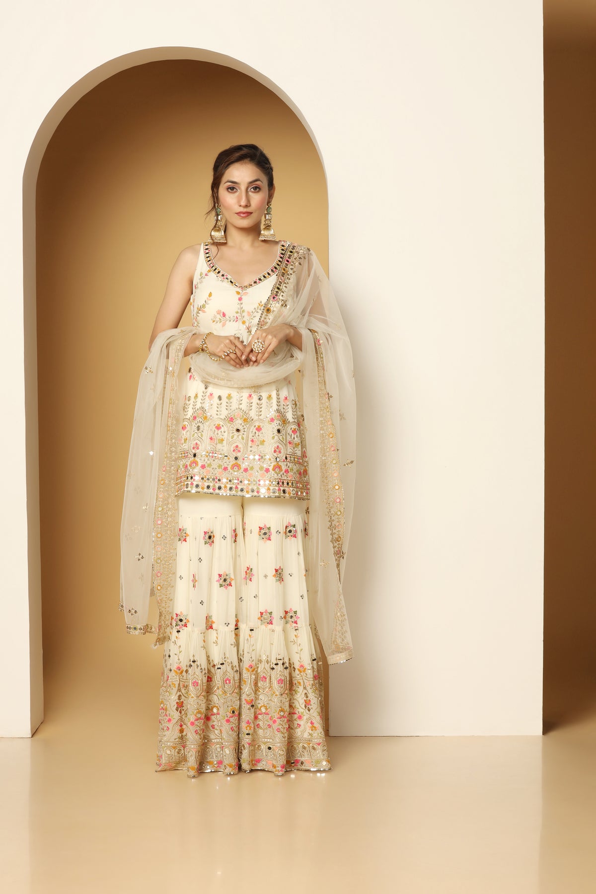 Multi thread & Foil work ivory sharara suit