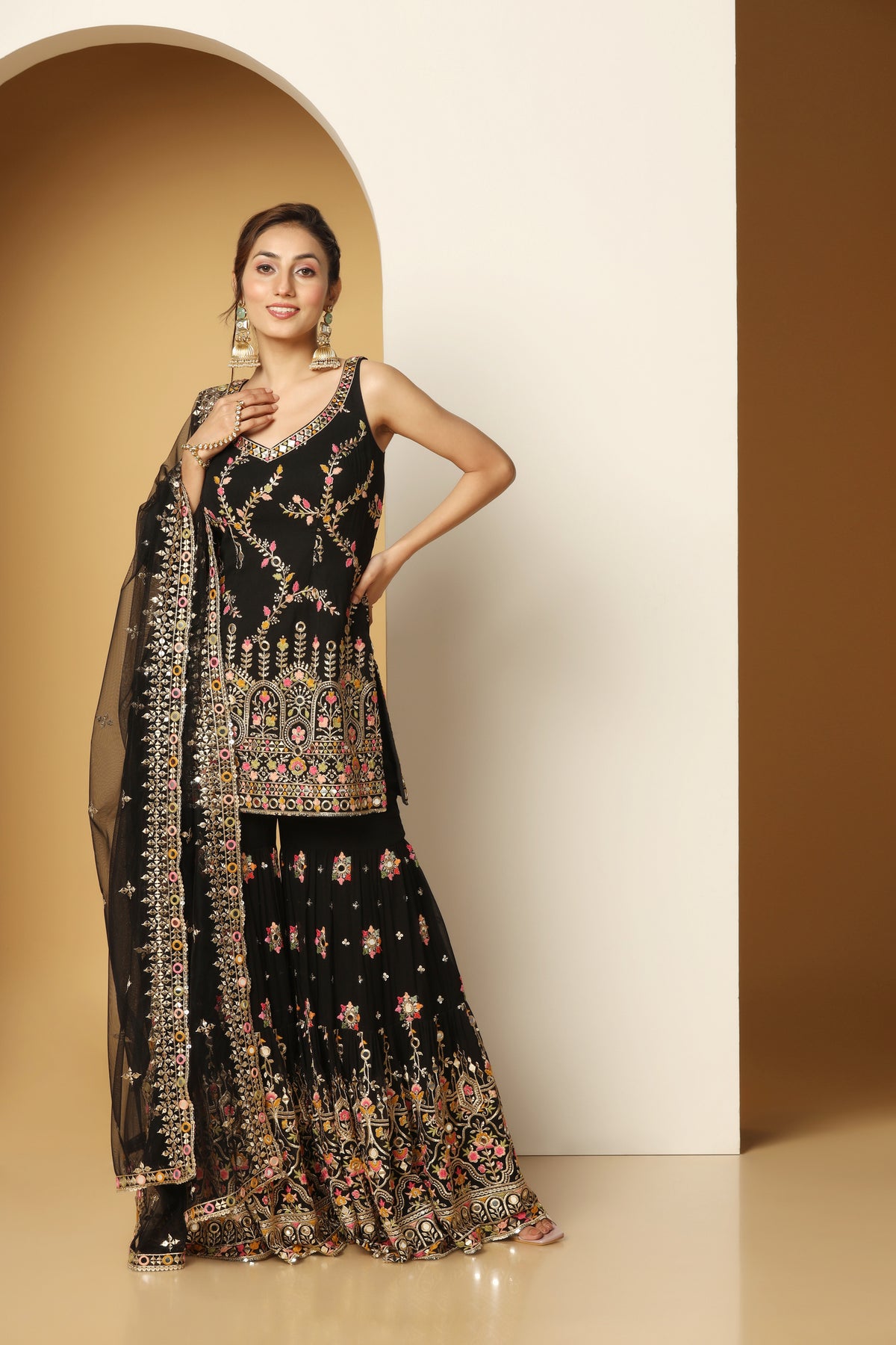 Multi thread & Foil work black sharara suit