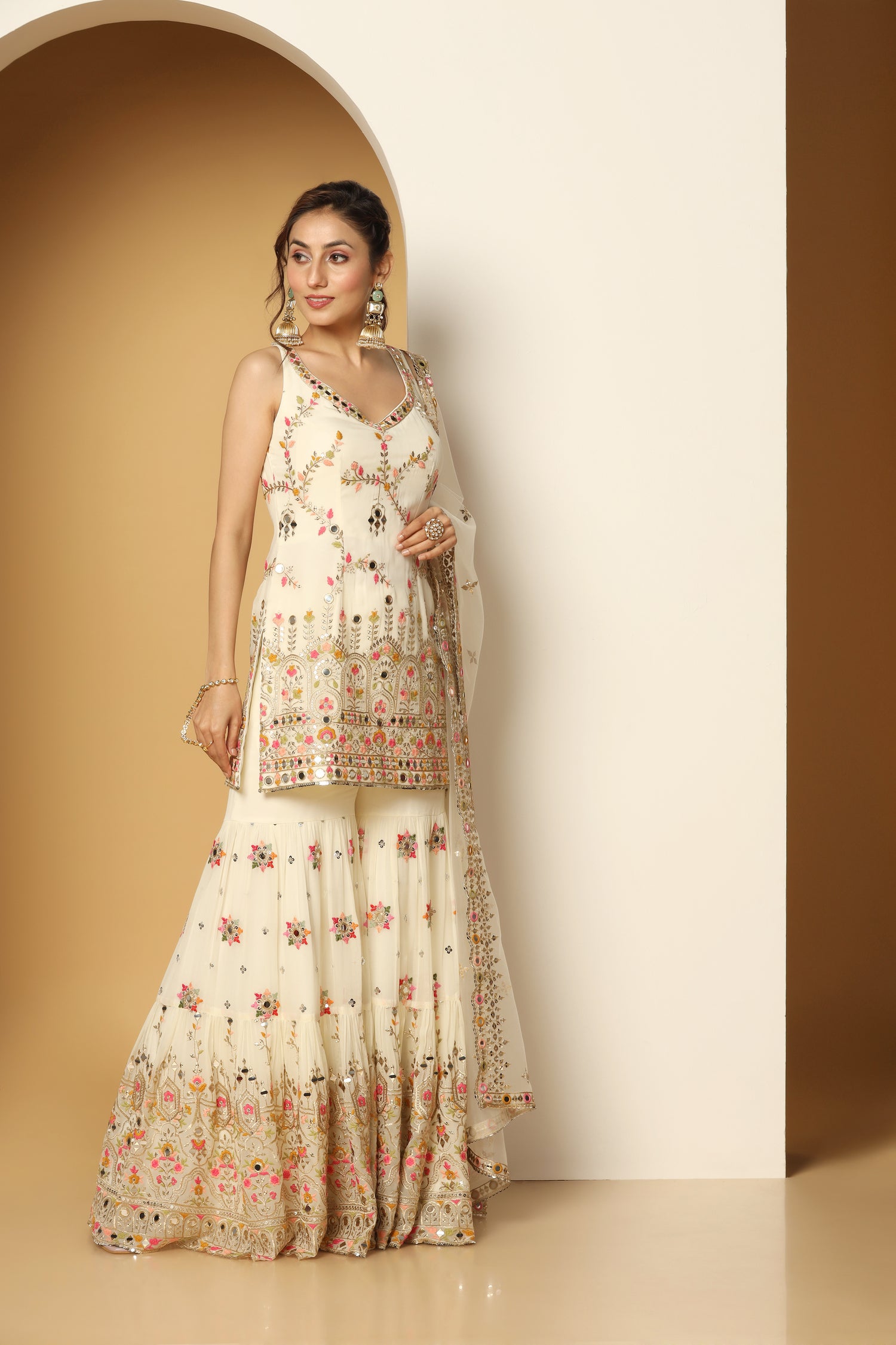 Multi thread & Foil work ivory sharara suit