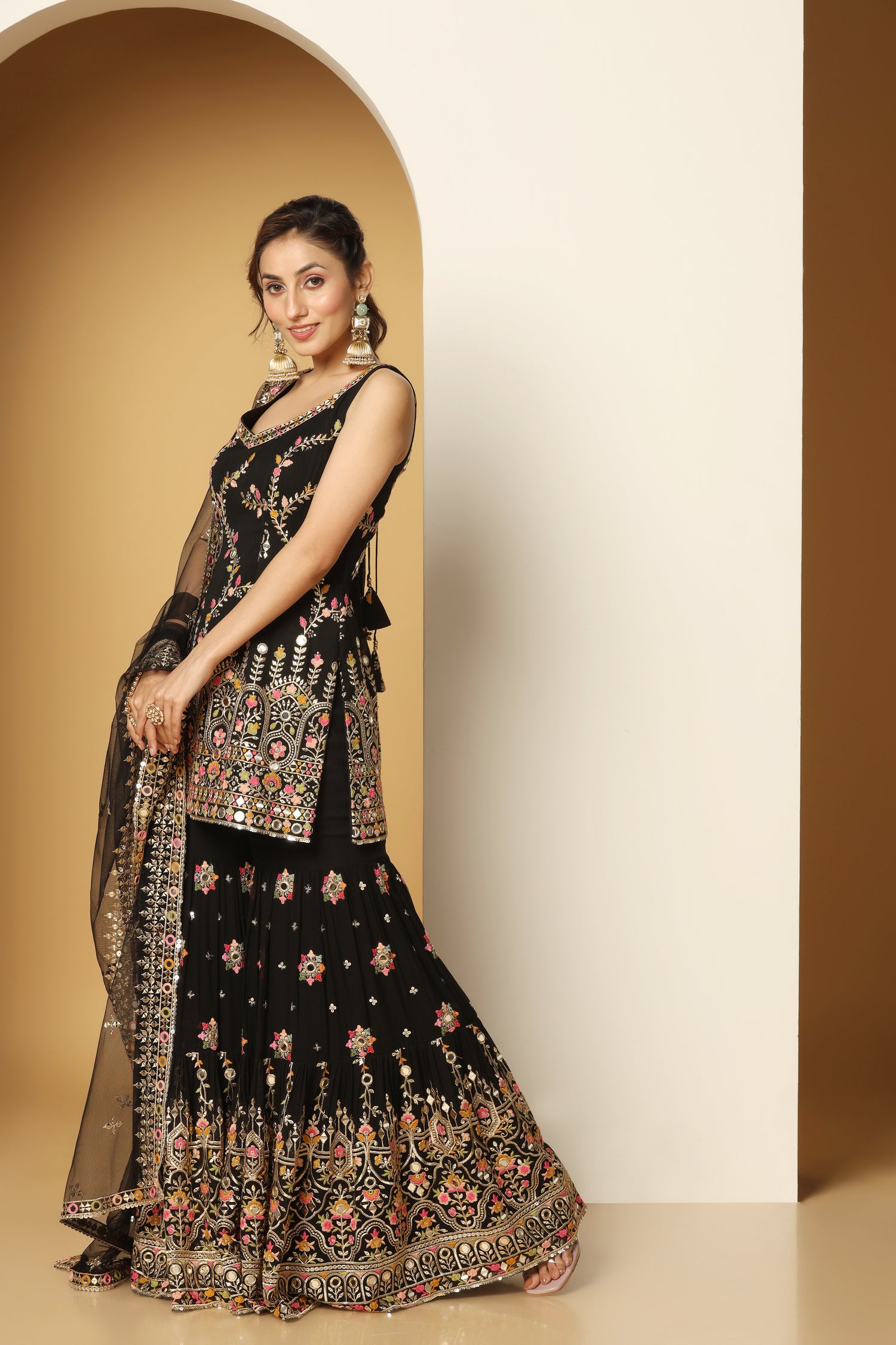 Multi thread & Foil work black sharara suit