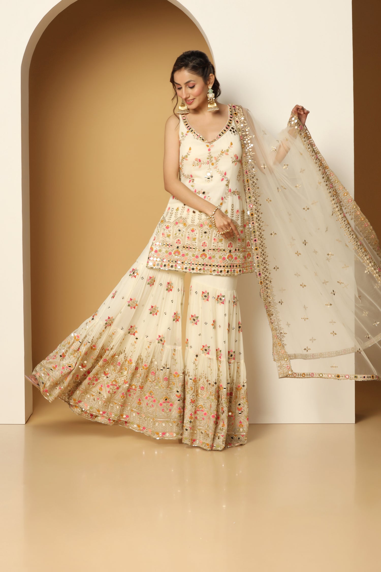 Multi thread & Foil work ivory sharara suit