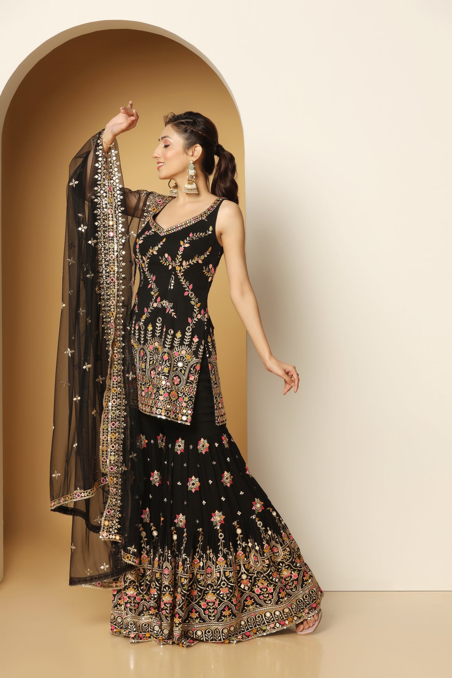 Multi thread & Foil work black sharara suit