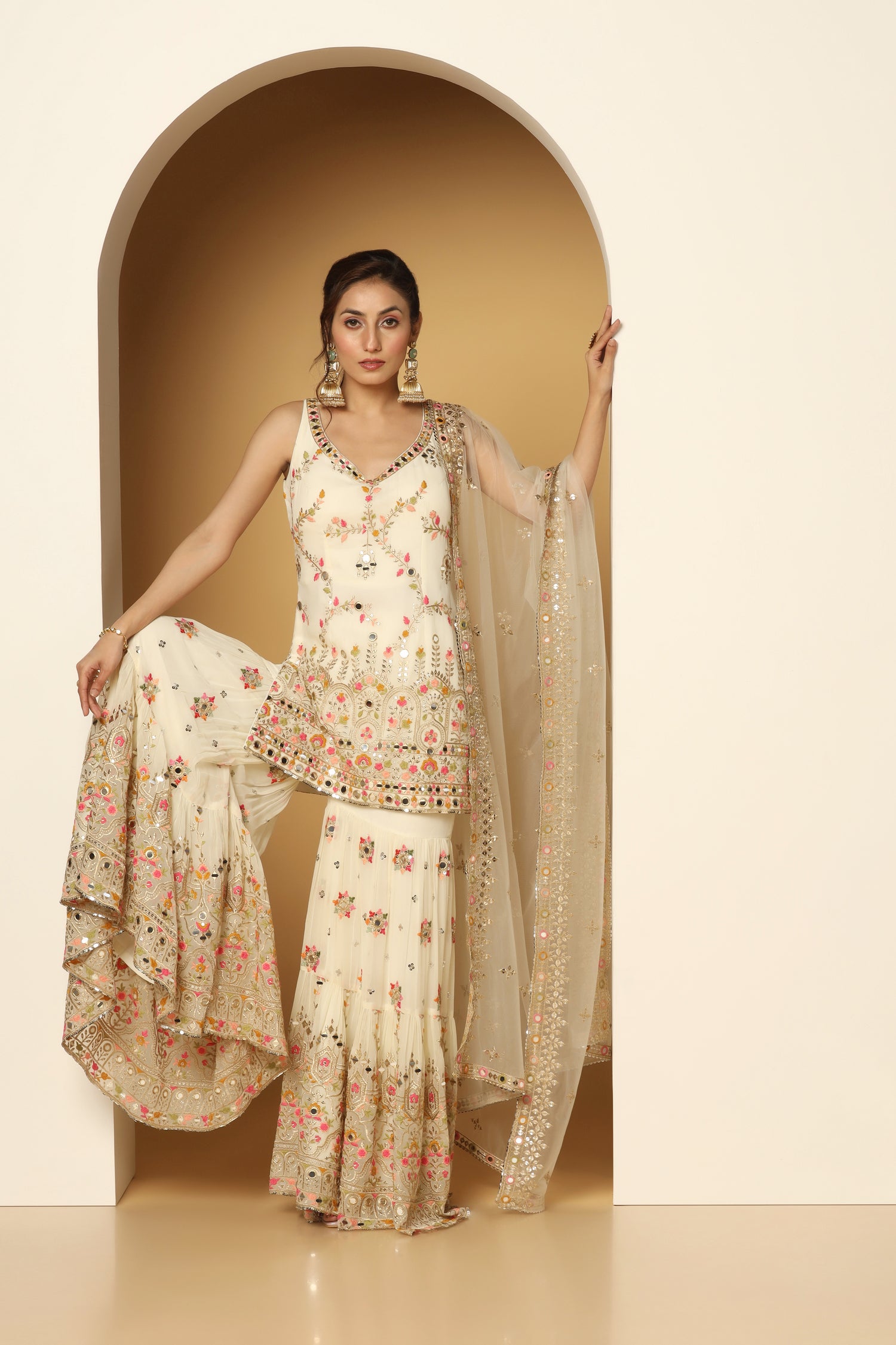 Multi thread & Foil work ivory sharara suit