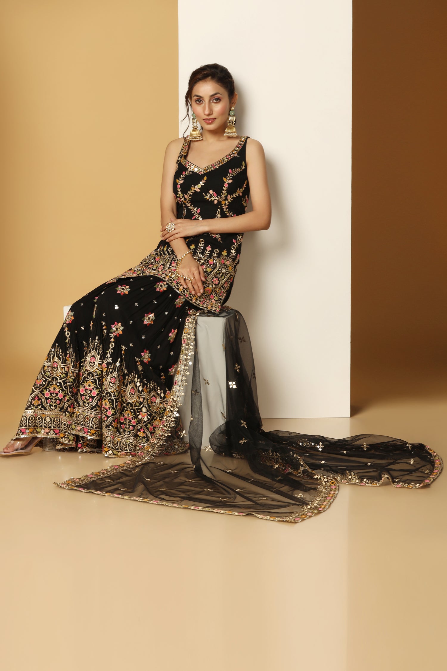 Multi thread & Foil work black sharara suit