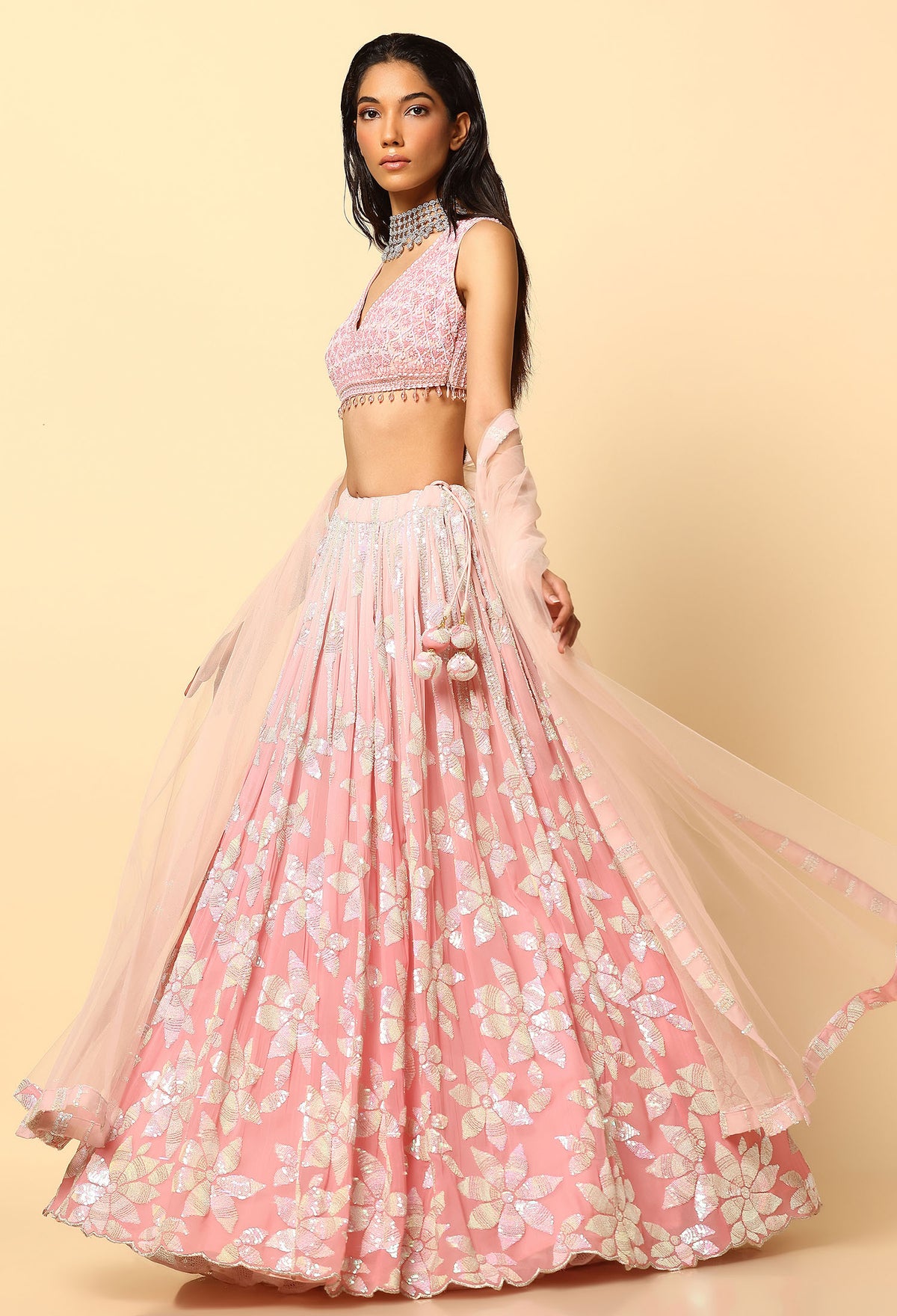 Rose Pink Ombre Lehenga with Tone to Tone Sequence Blouse.