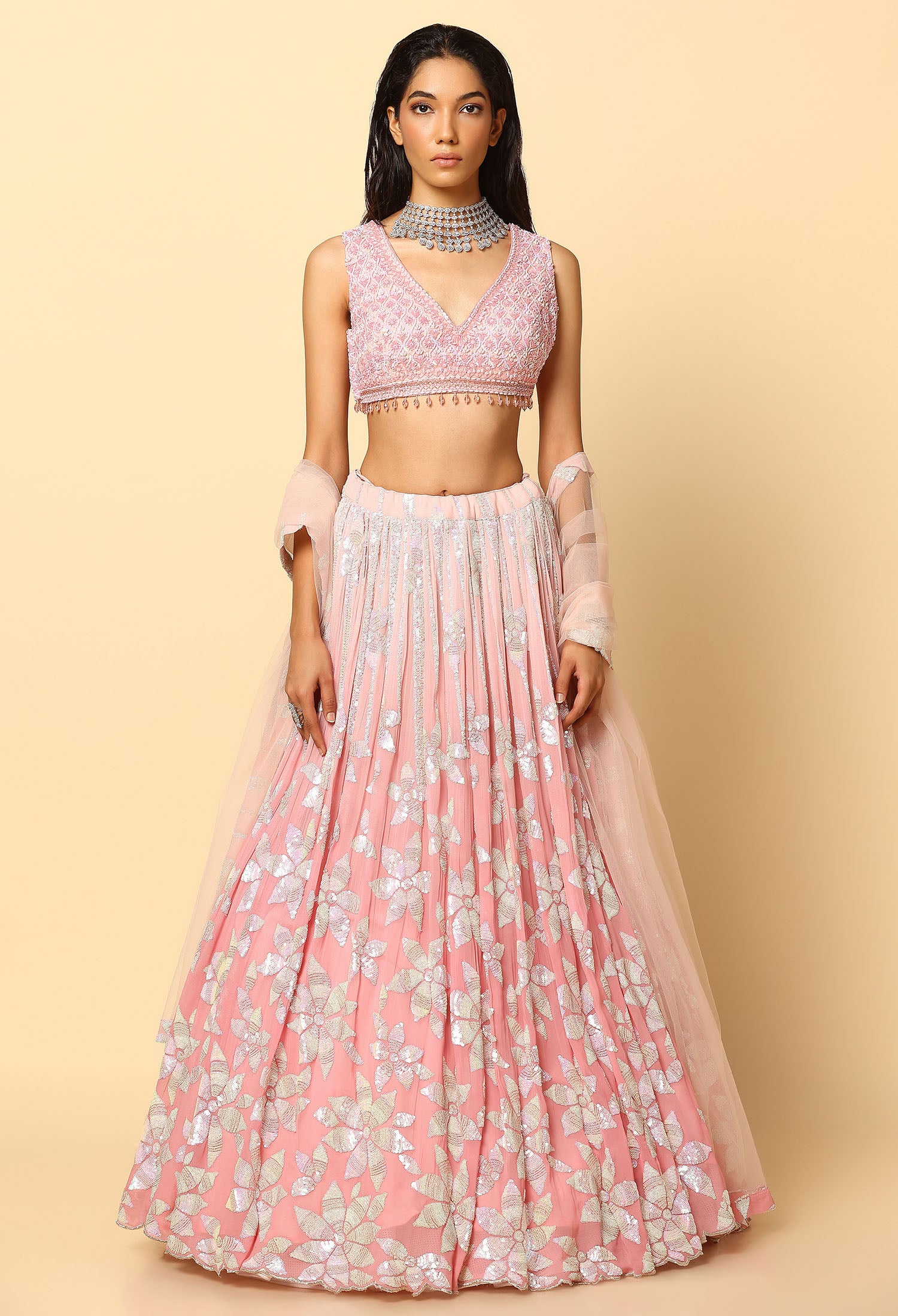 Rose Pink Ombre Lehenga with Tone to Tone Sequence Blouse.