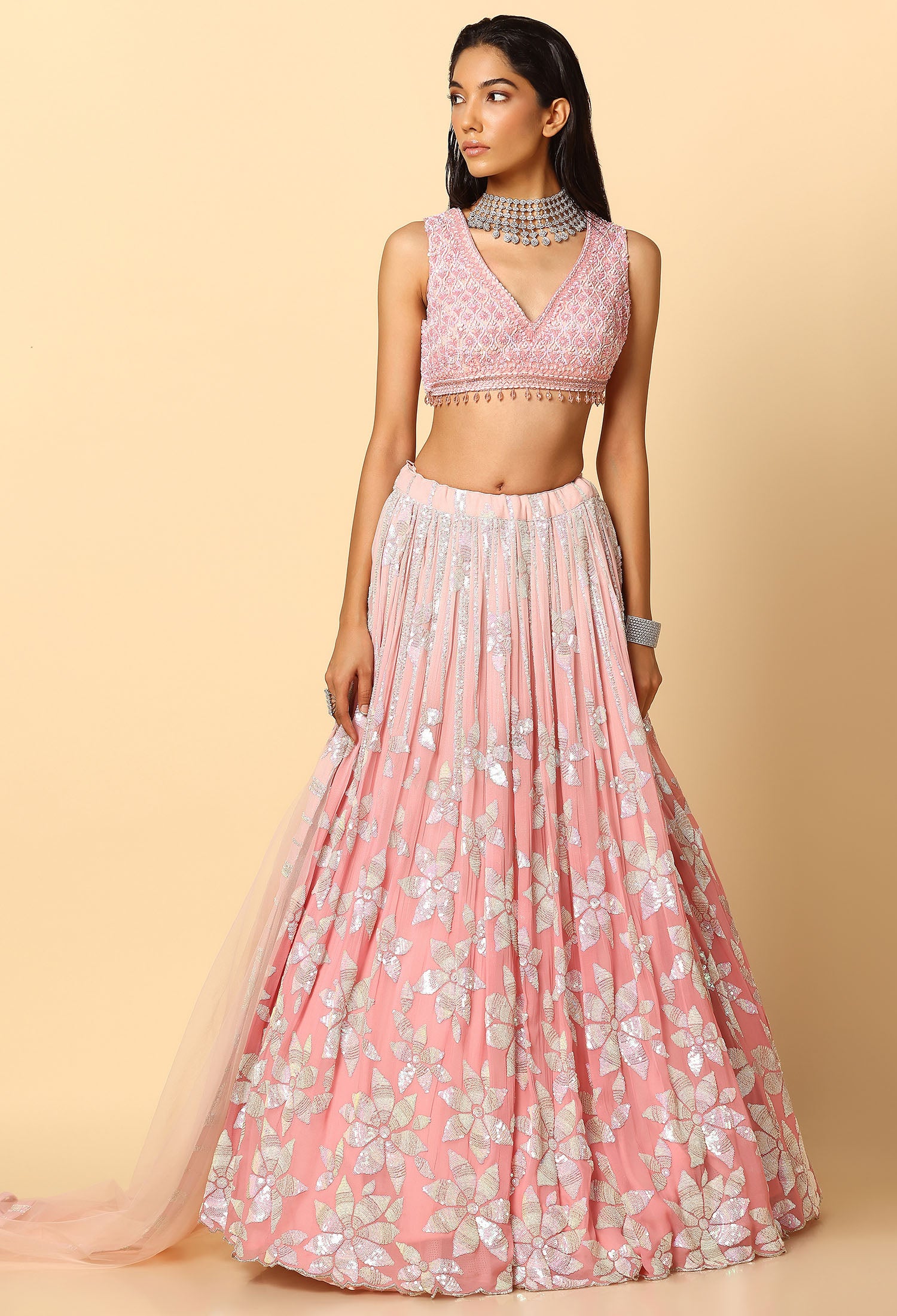 Rose Pink Ombre Lehenga with Tone to Tone Sequence Blouse.