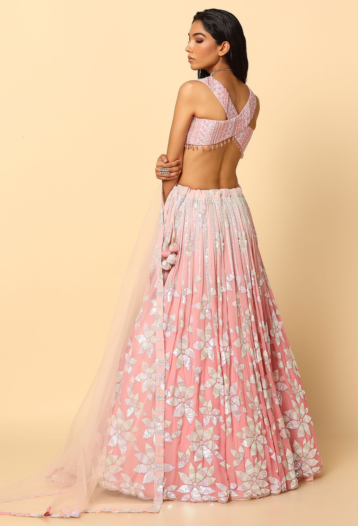 Rose Pink Ombre Lehenga with Tone to Tone Sequence Blouse.