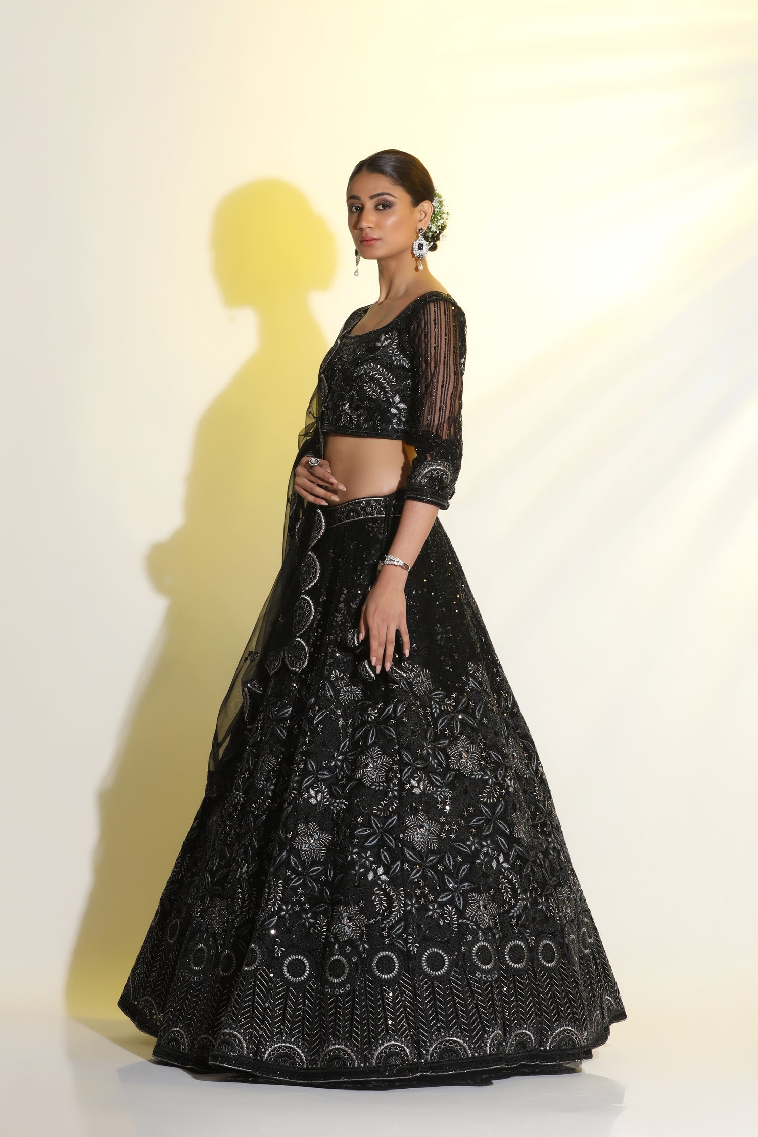 Black dori work with sequin cutdana hand embellishment lehenga with resham touch.