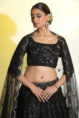 Black dori work with sequin cutdana hand embellishment lehenga with resham touch.