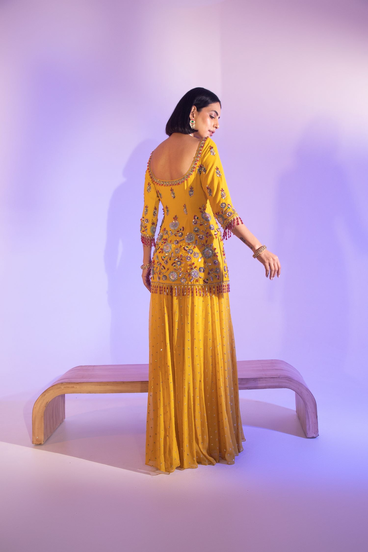 Yellow Georgette Embroidery Sequin Blossom Work Kurta Sharara Set