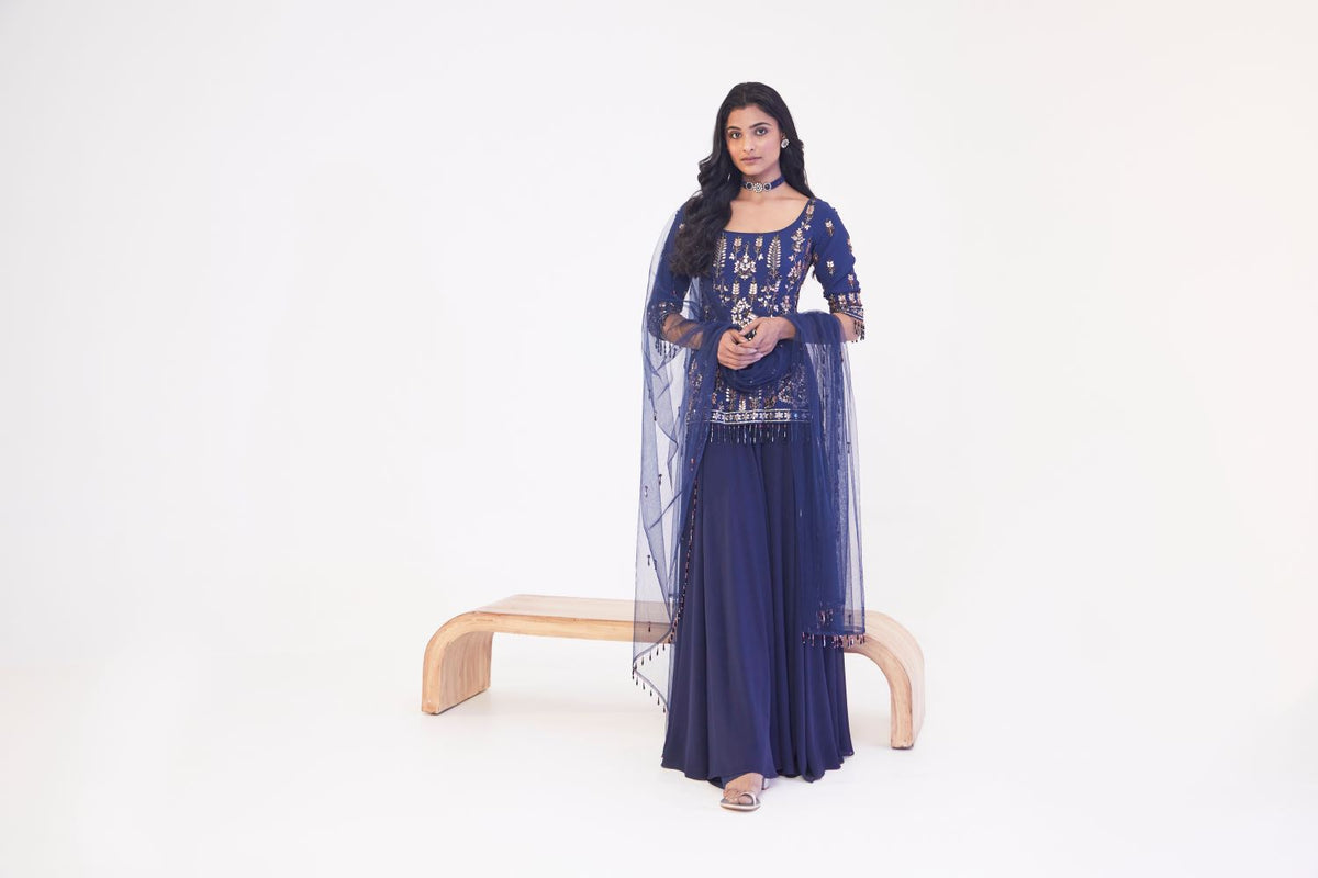 Blue Georgette Embroidery Sequin Arabic Floral Work Kurta Sharara Set