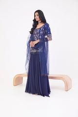 Blue Georgette Embroidery Sequin Arabic Floral Work Kurta Sharara Set