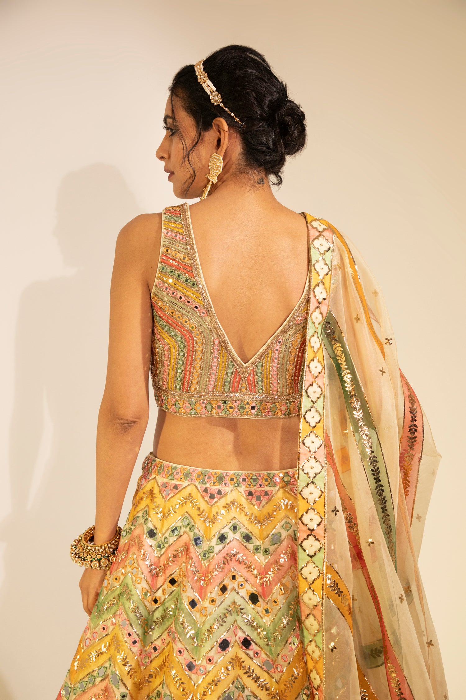 Multicolor Hand-painted Organza Lehenga