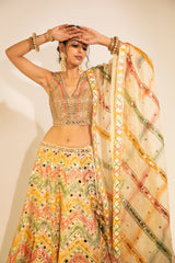 Multicolor Hand-painted Organza Lehenga