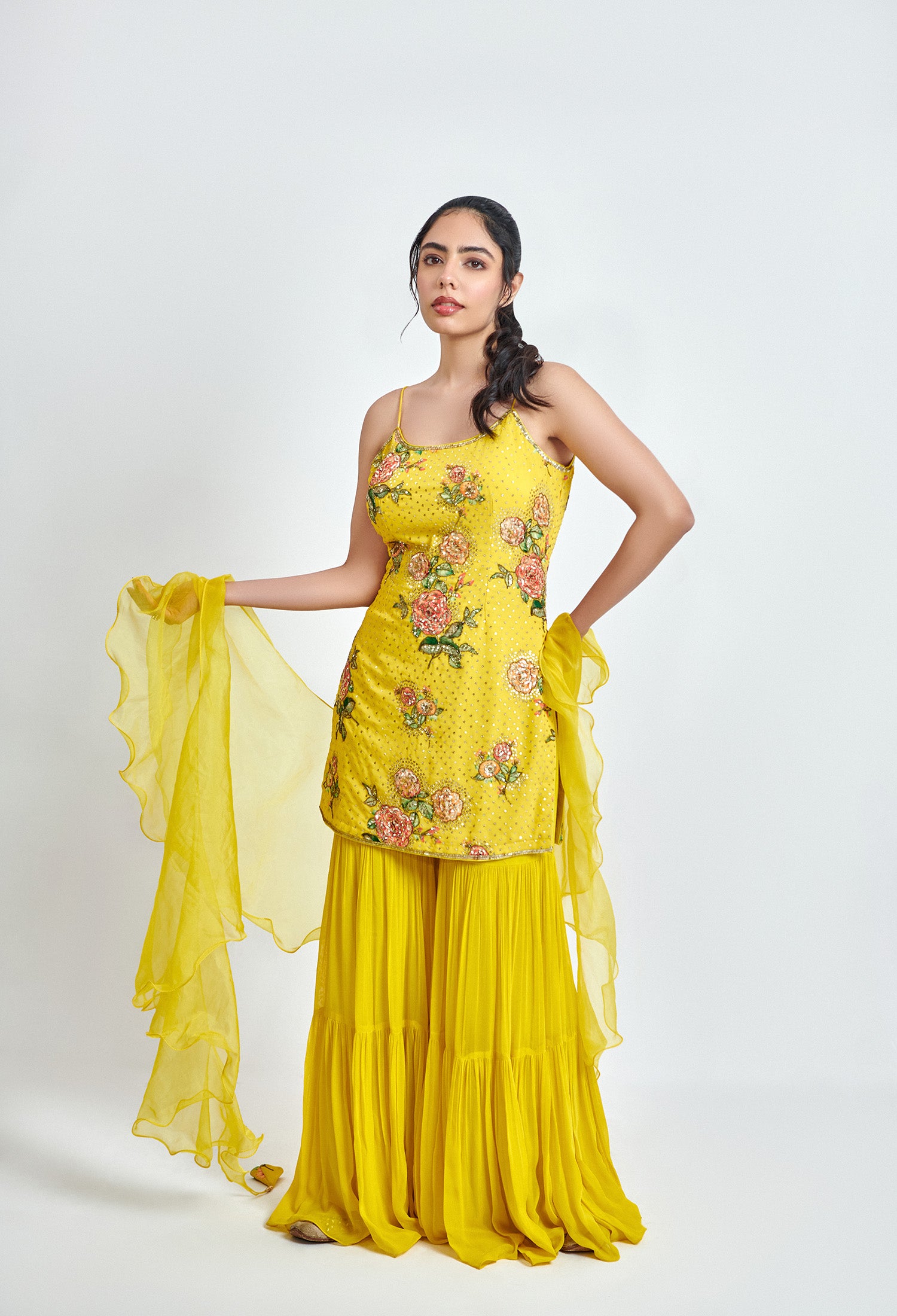 Yellow Printed Georgette Sharara