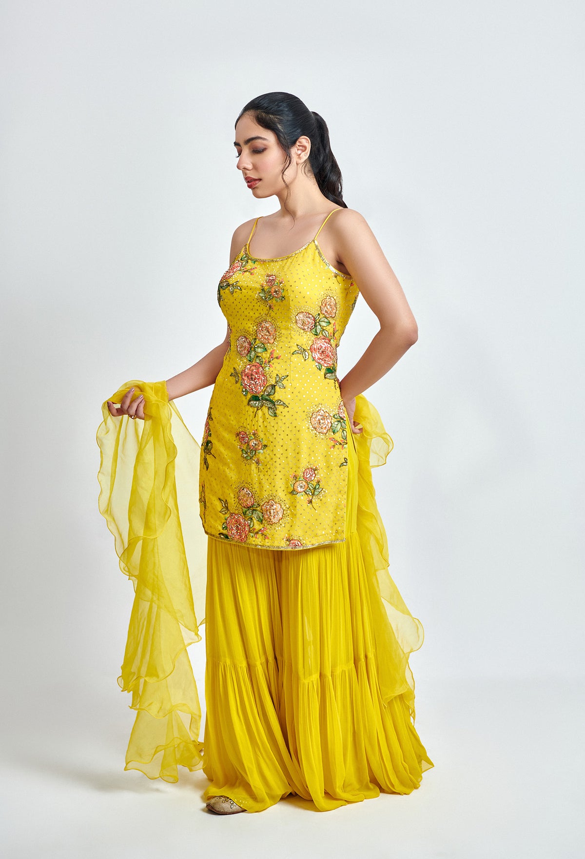 Yellow Printed Georgette Sharara