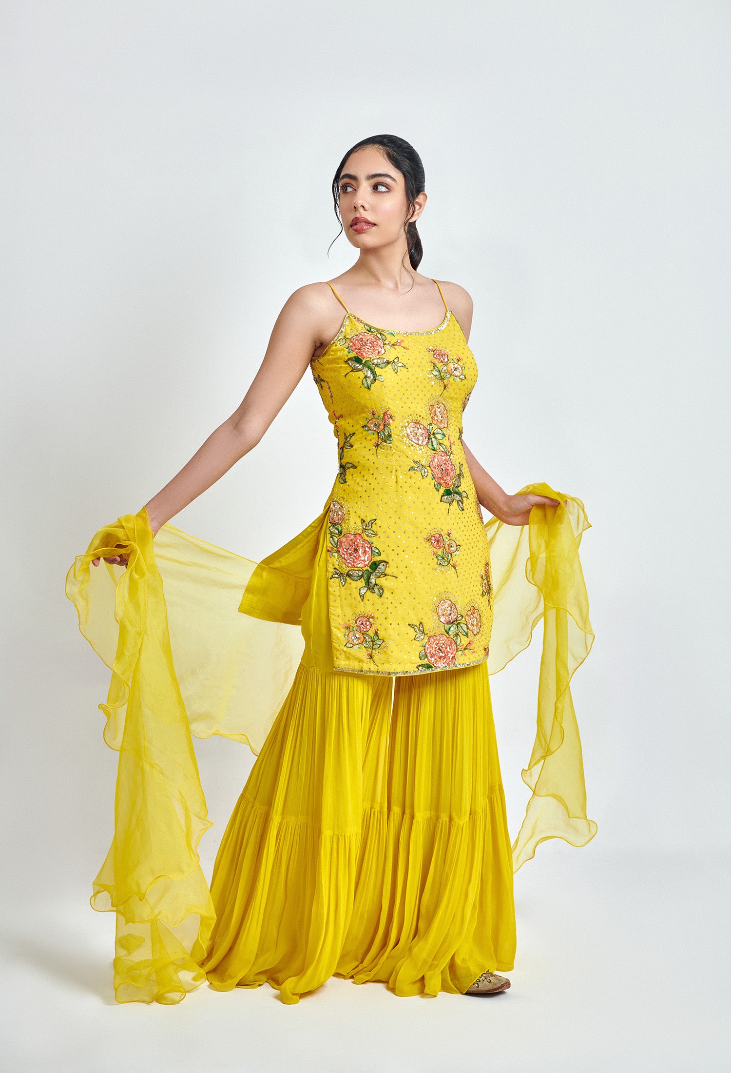 Yellow Printed Georgette Sharara