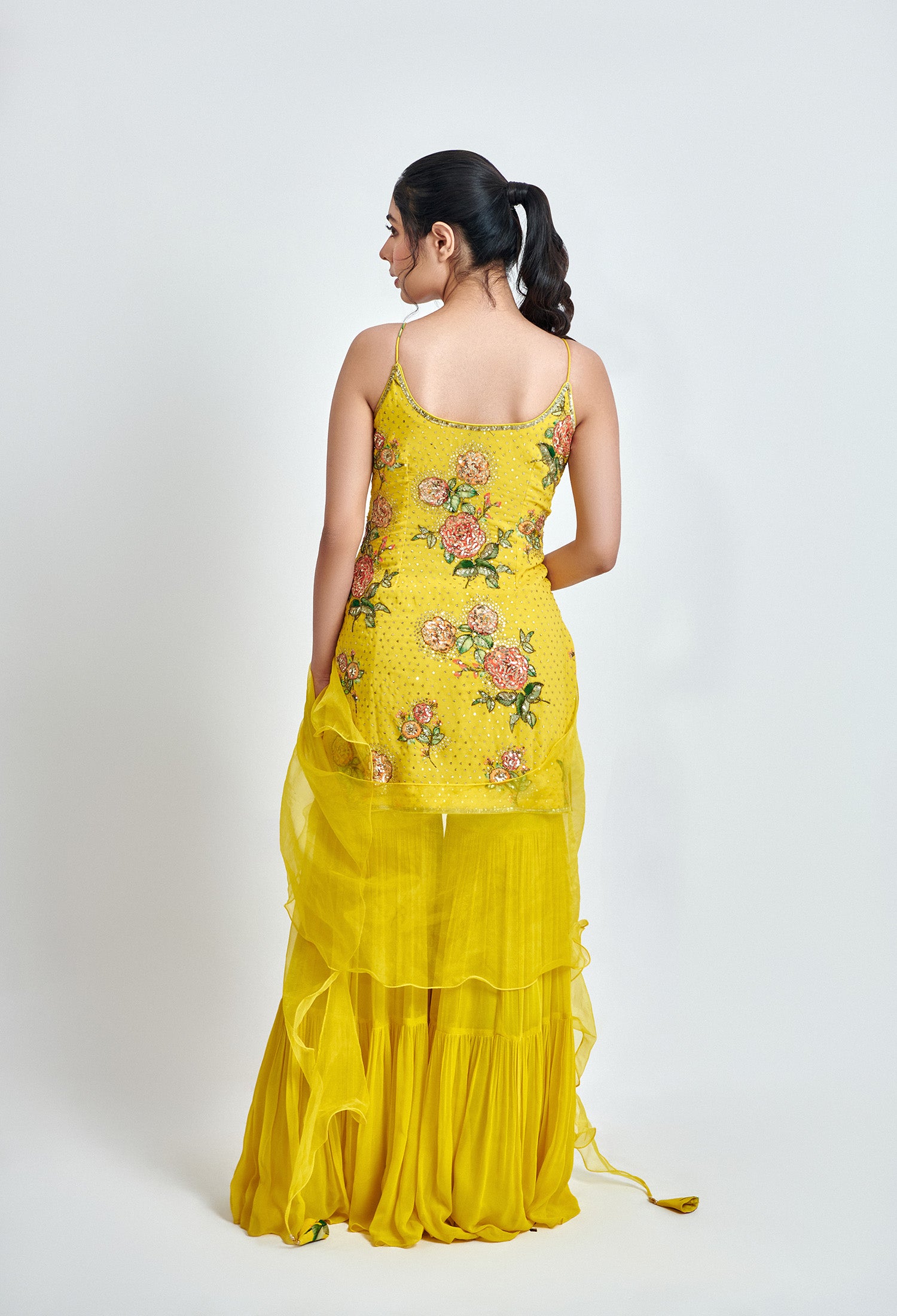 Yellow Printed Georgette Sharara