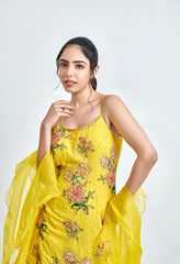 Yellow Printed Georgette Sharara