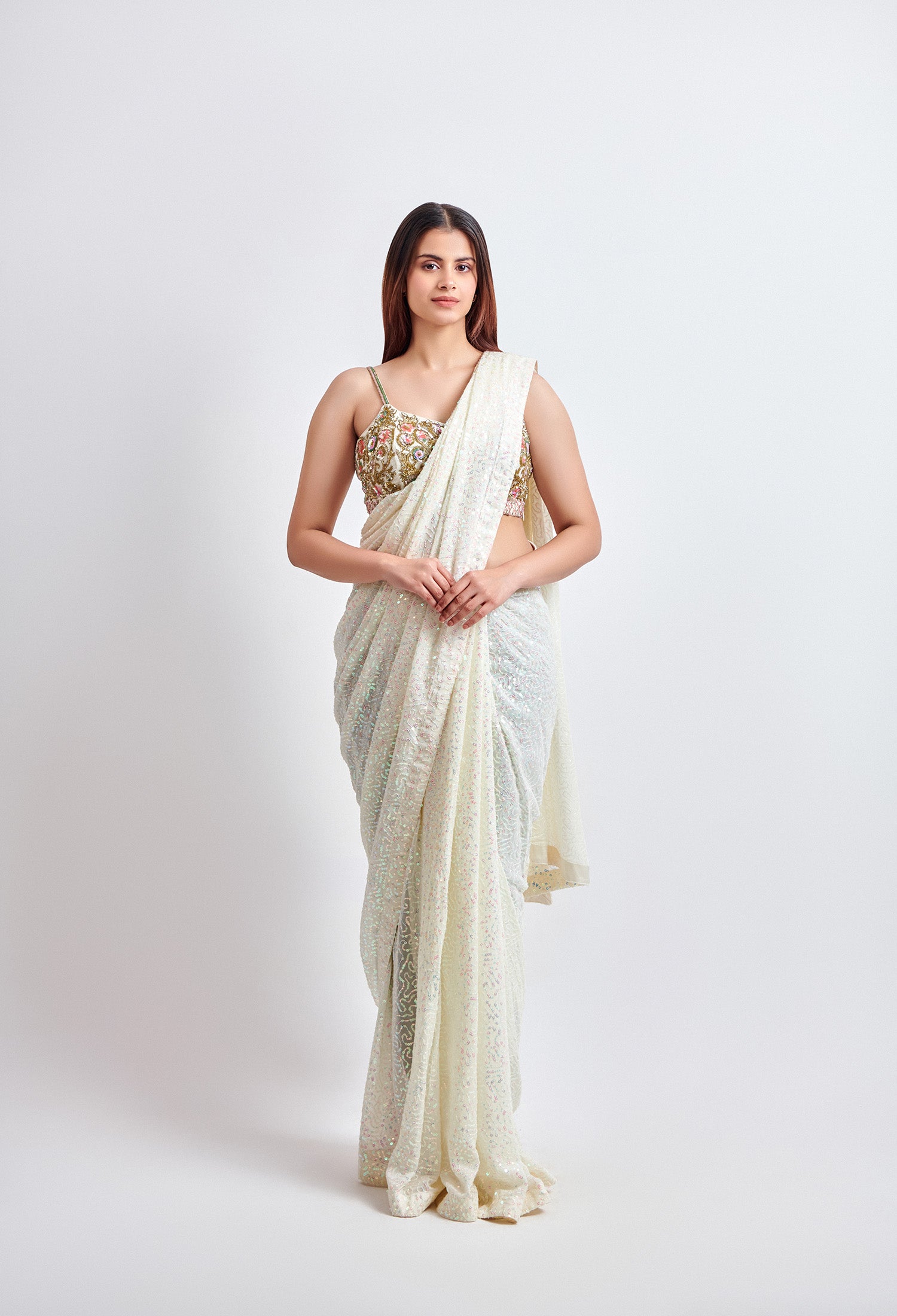 Sequence Ivory Saree with Multicolor Blouse