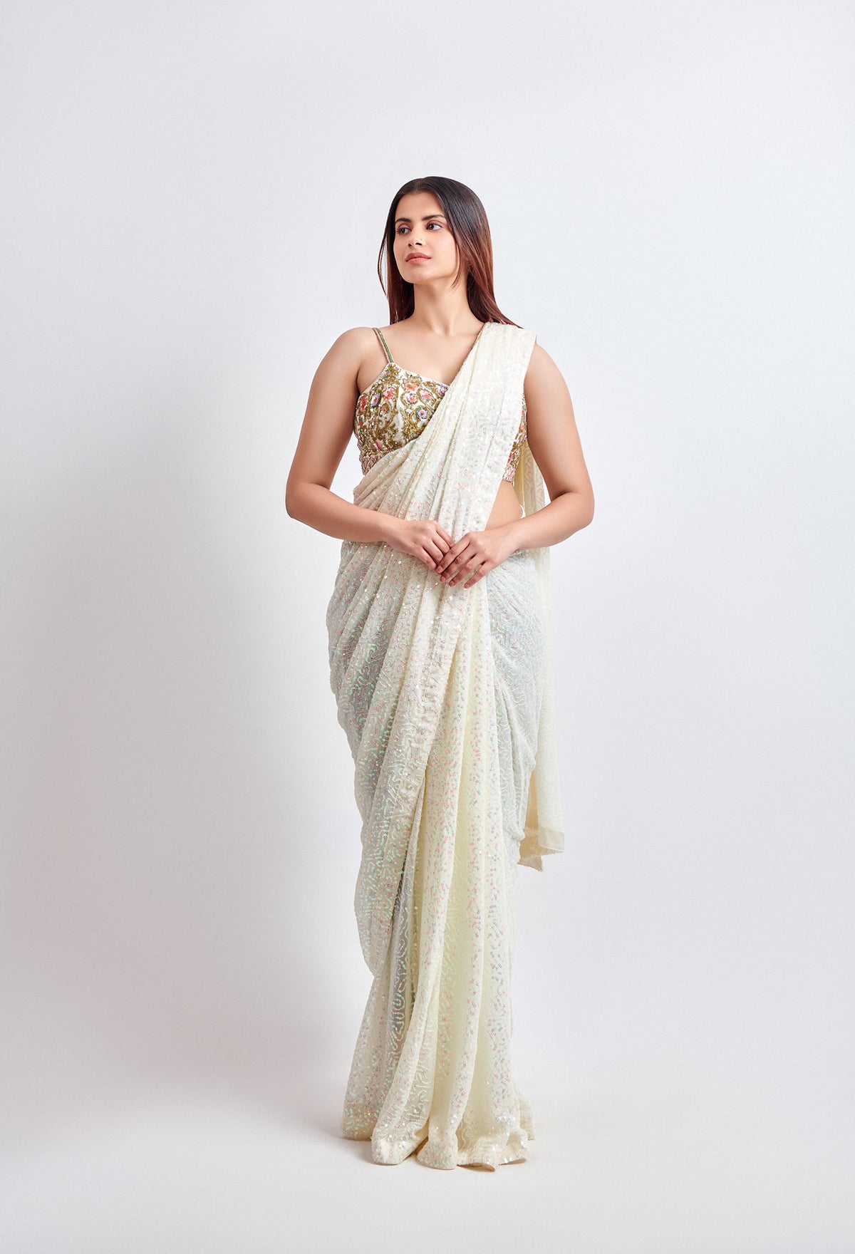 Sequence Ivory Saree with Multicolor Blouse