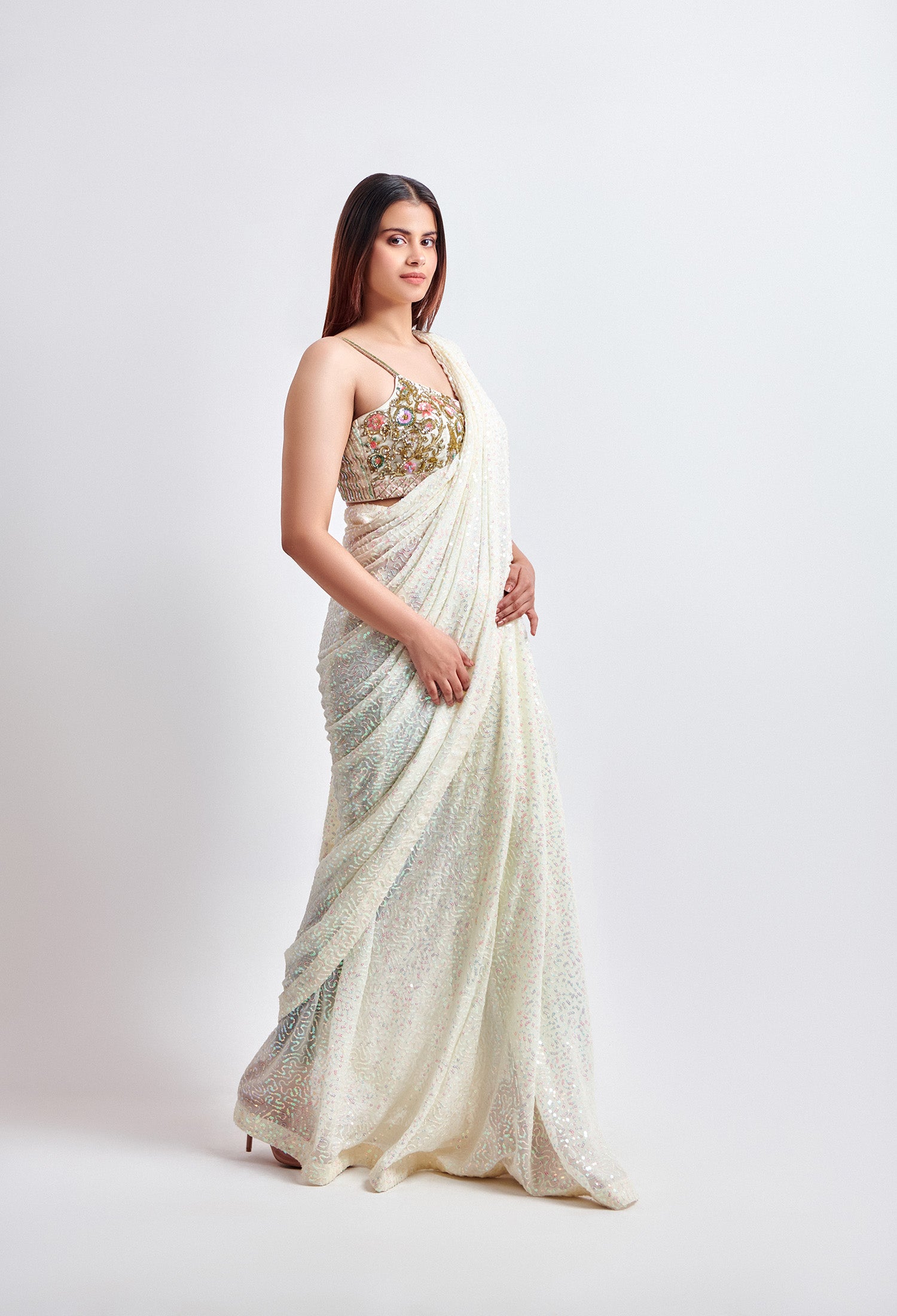 Sequence Ivory Saree with Multicolor Blouse