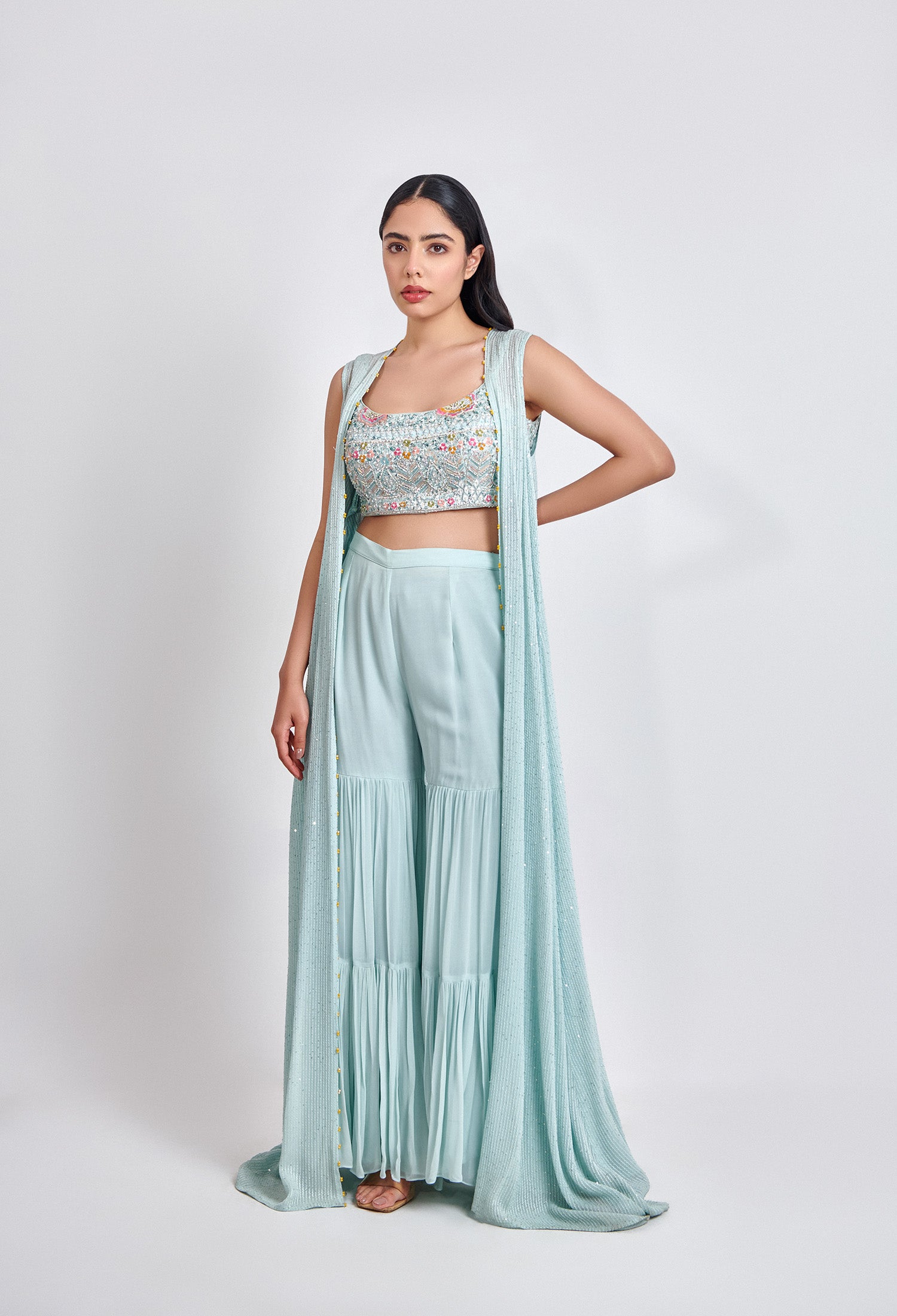 Ice Blue Sharara with Multicolor Blouse