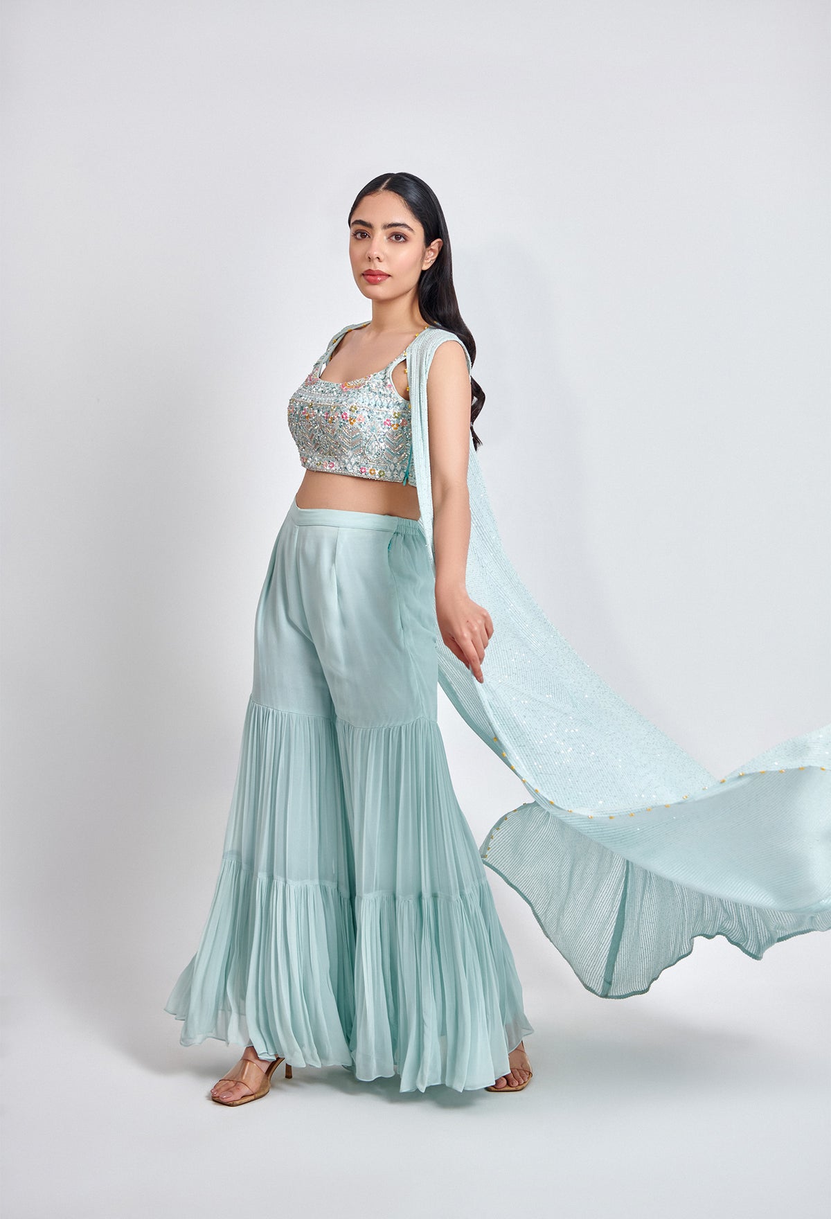 Ice Blue Sharara with Multicolor Blouse