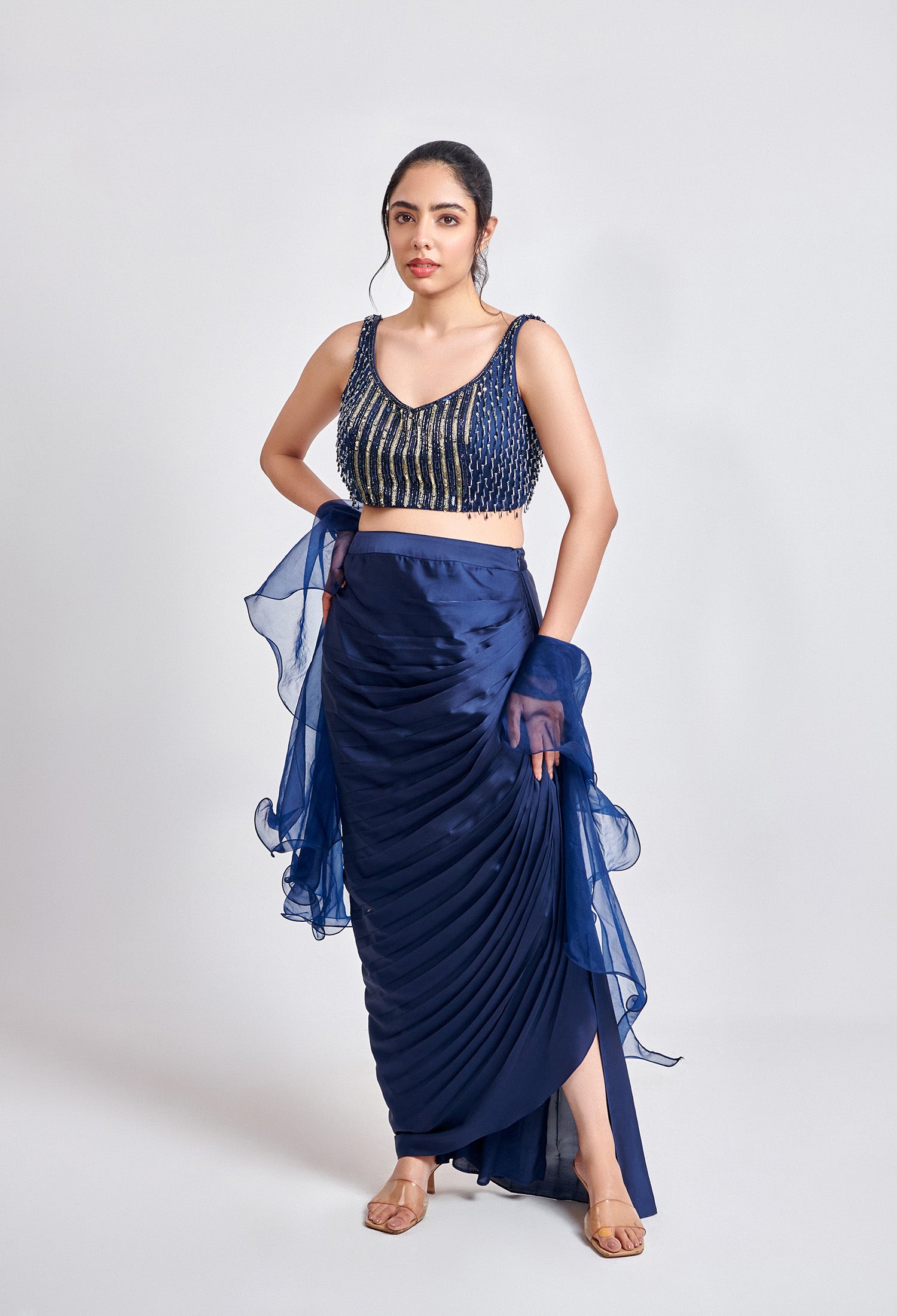 Navy Blue Draped Satin Skirt with Tassel Blouse