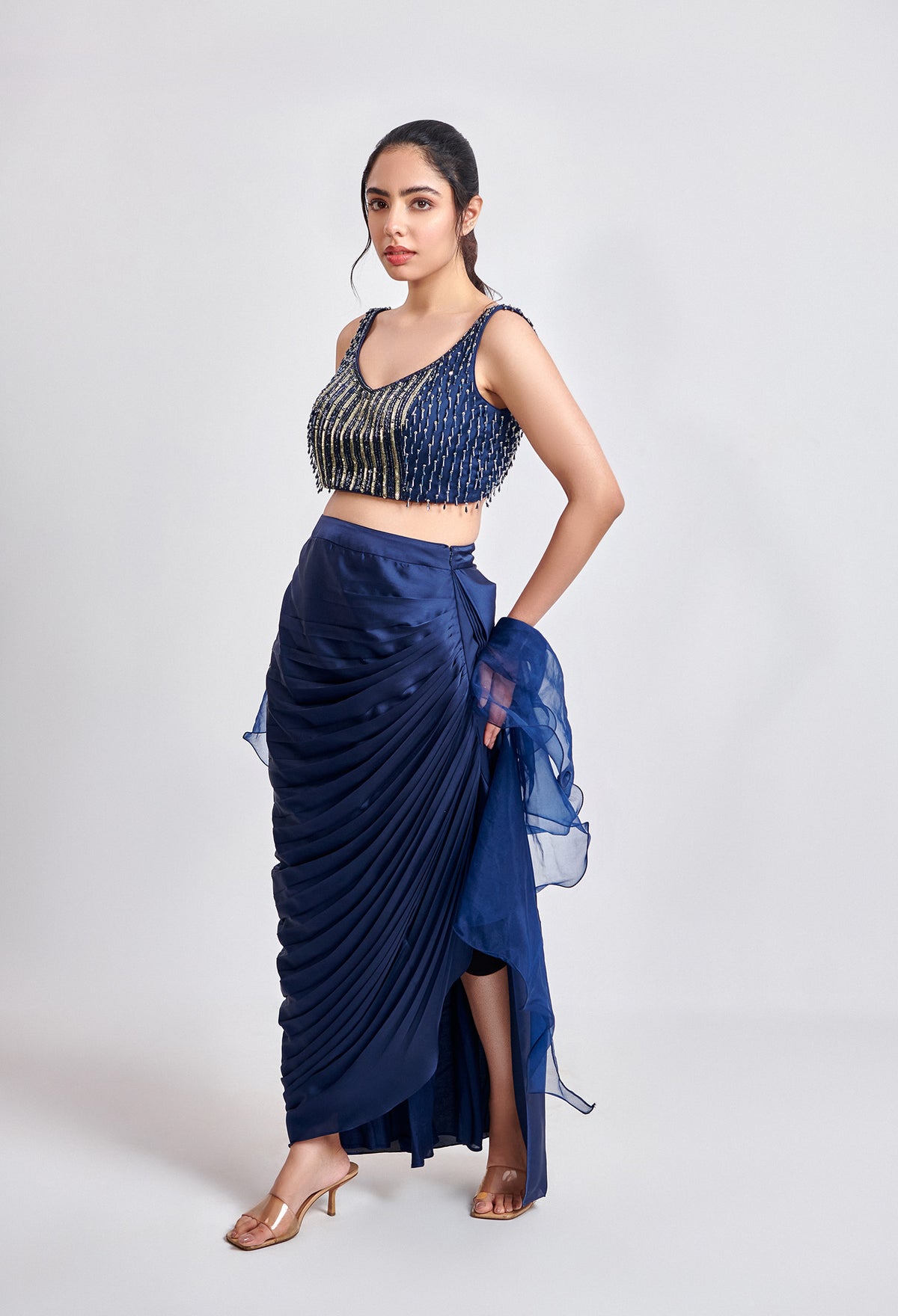 Navy Blue Draped Satin Skirt with Tassel Blouse