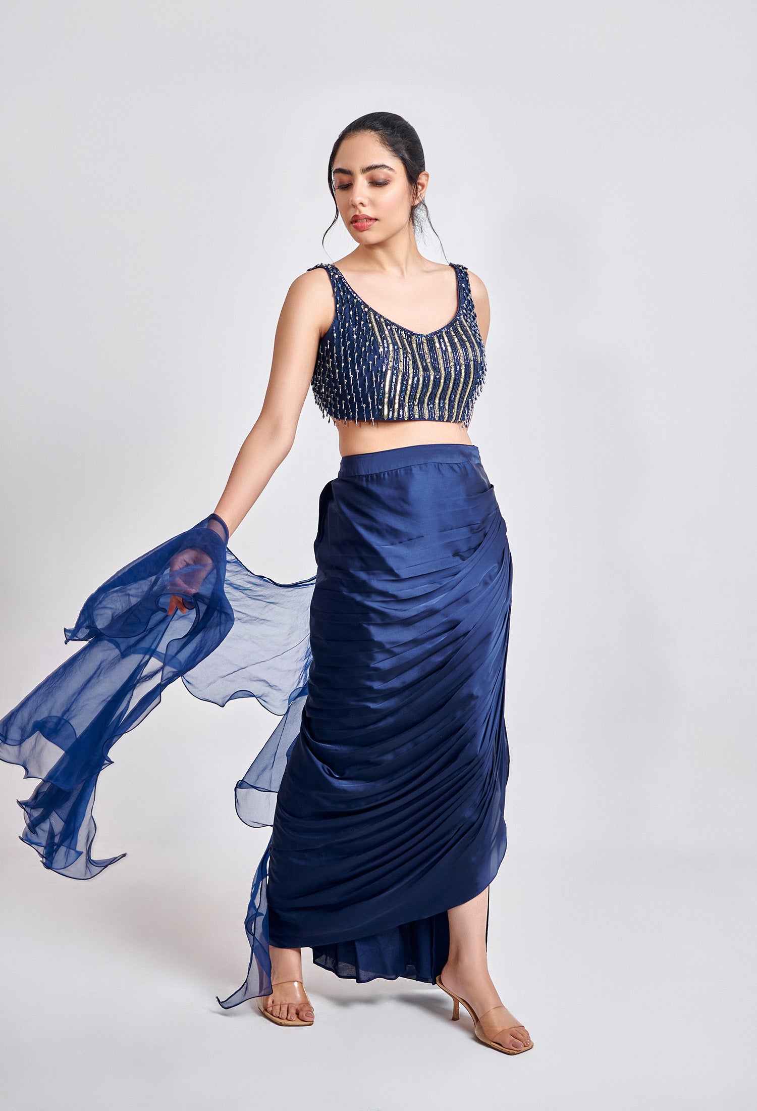 Navy Blue Draped Satin Skirt with Tassel Blouse