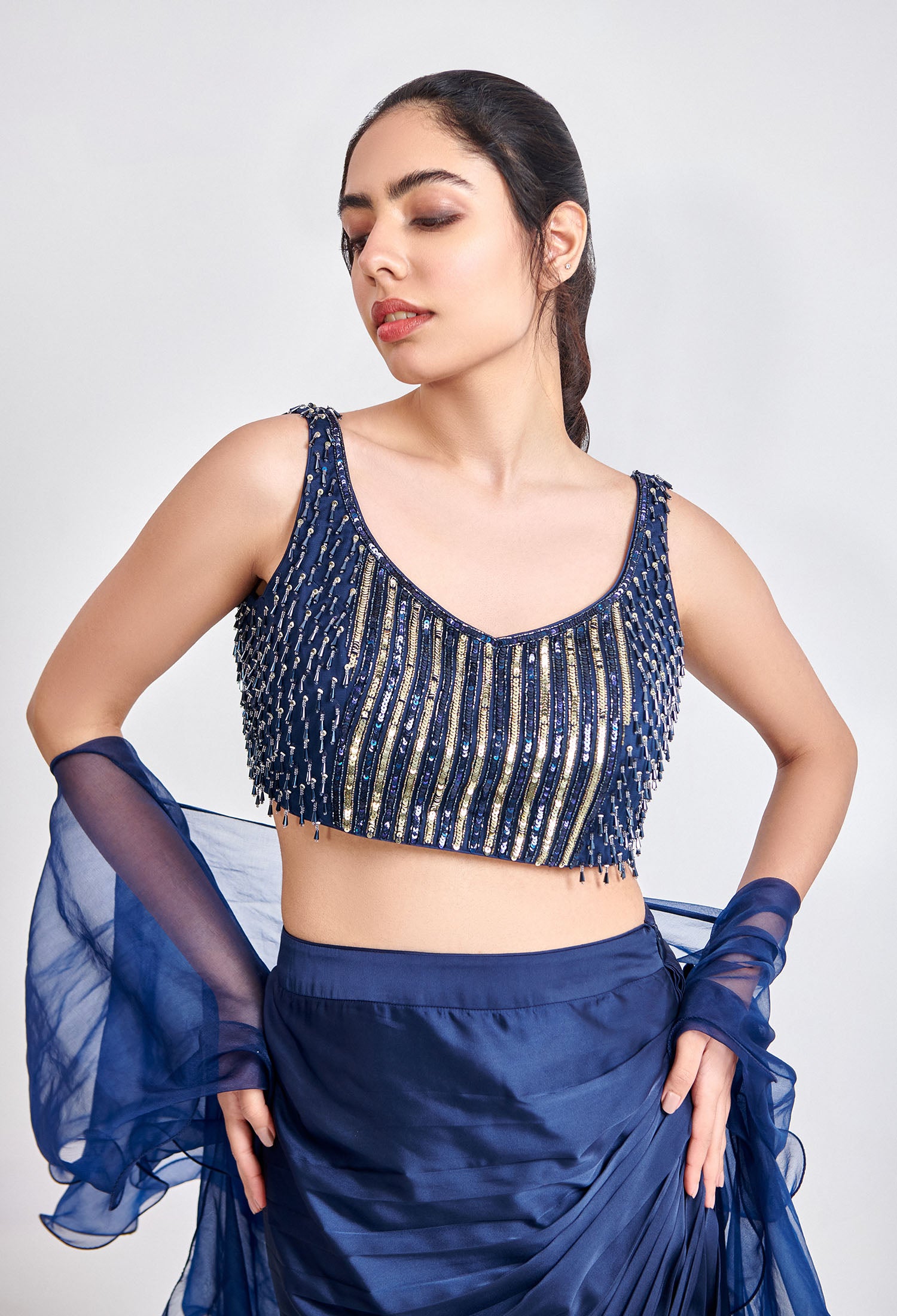 Navy Blue Draped Satin Skirt with Tassel Blouse