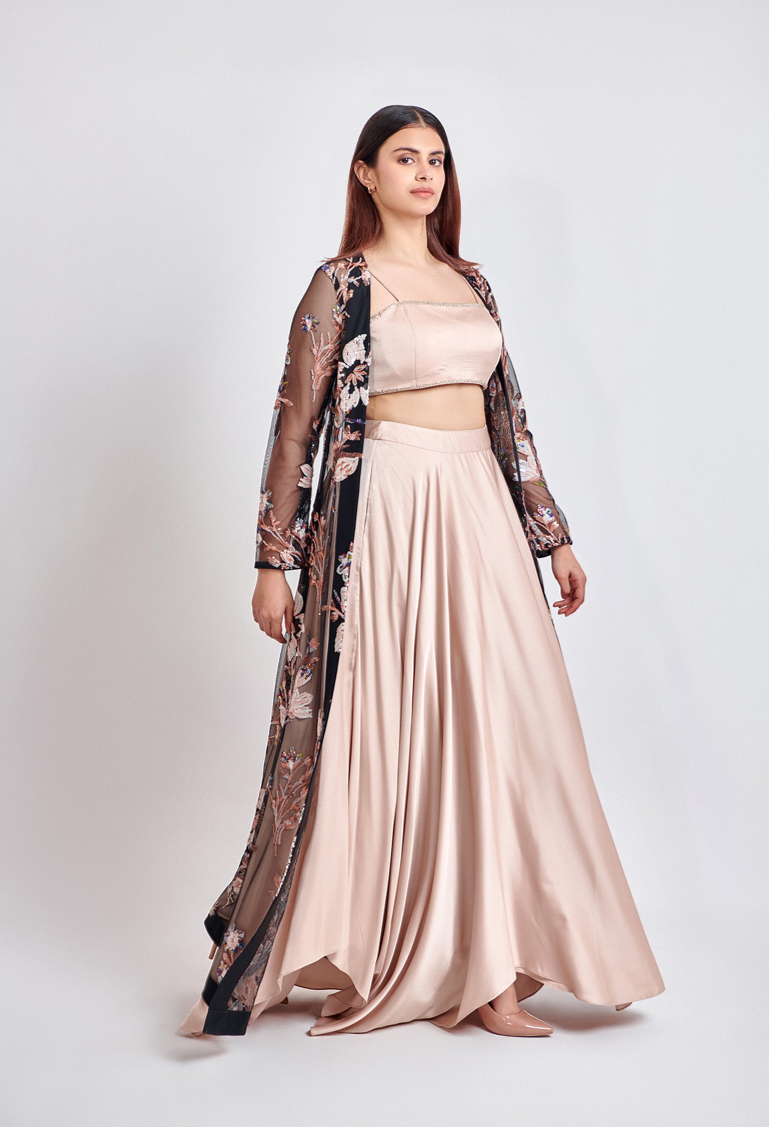 Fawn Satin Skirt and Top Paired with Black Embroidery Jacket