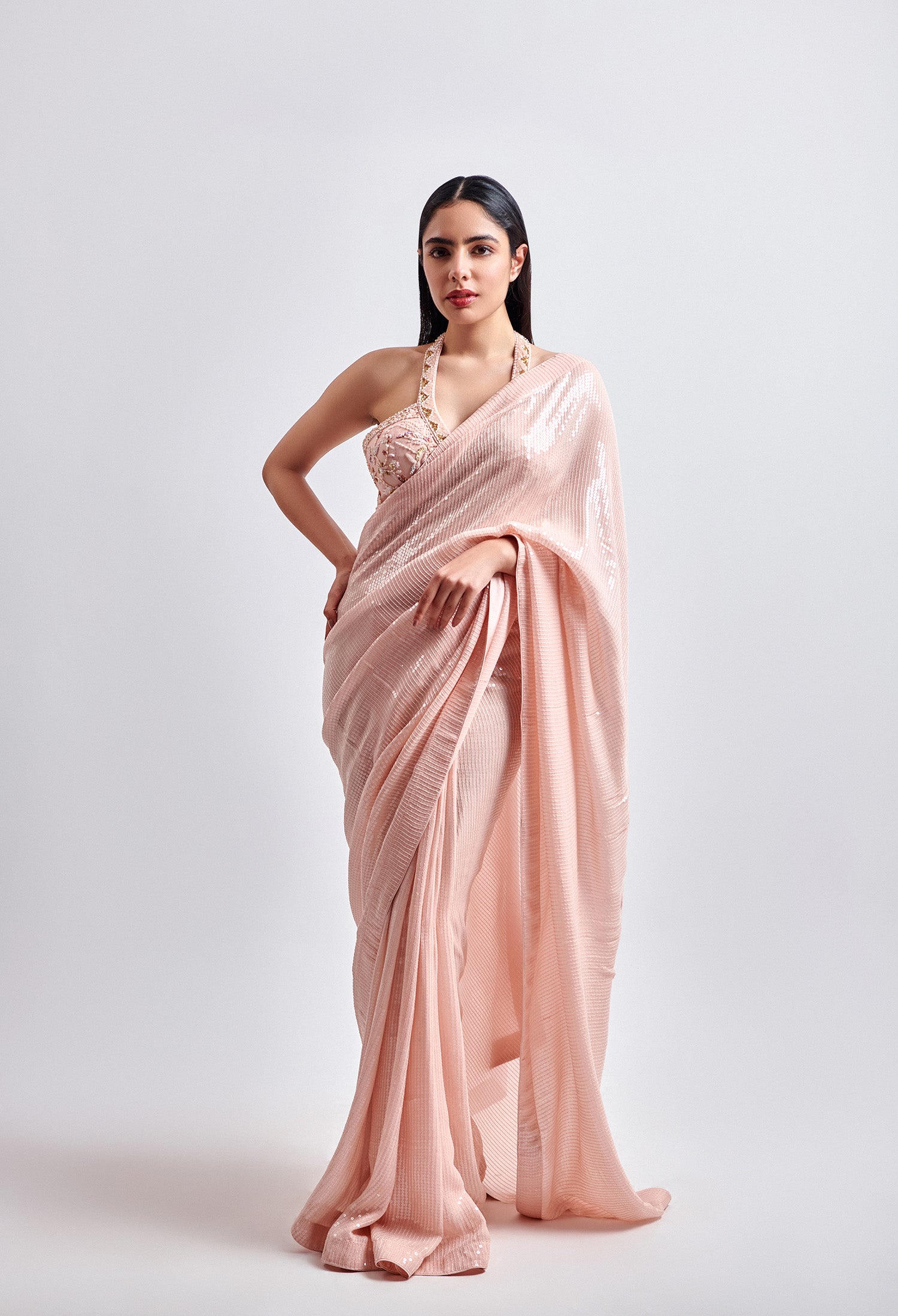 Pastel Peach Sequence Saree with Modern Cut Blouse