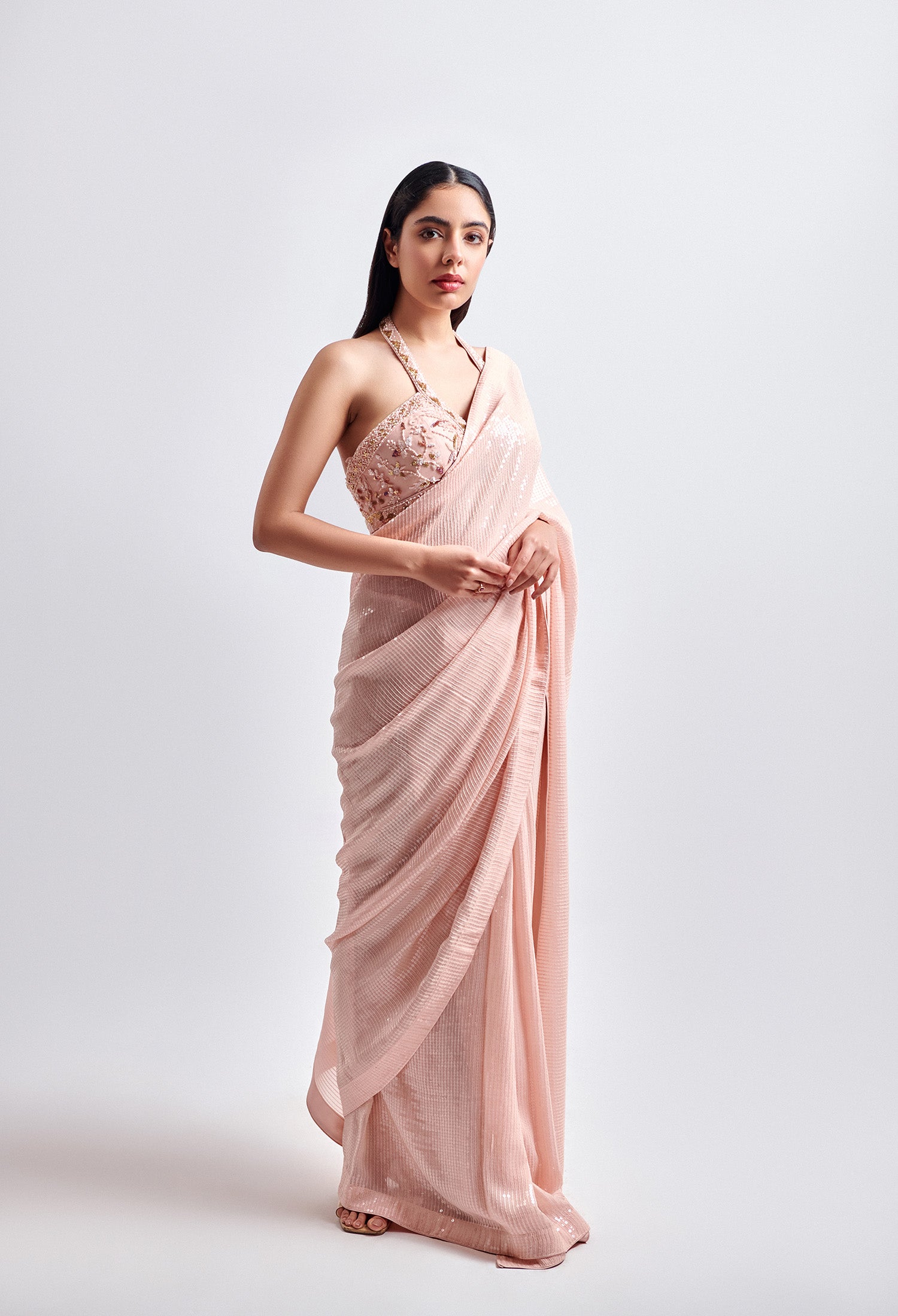 Pastel Peach Sequence Saree with Modern Cut Blouse