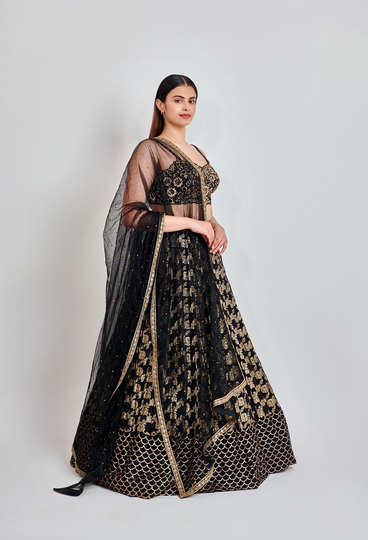 Black and Gold Mirror Work Lehenga