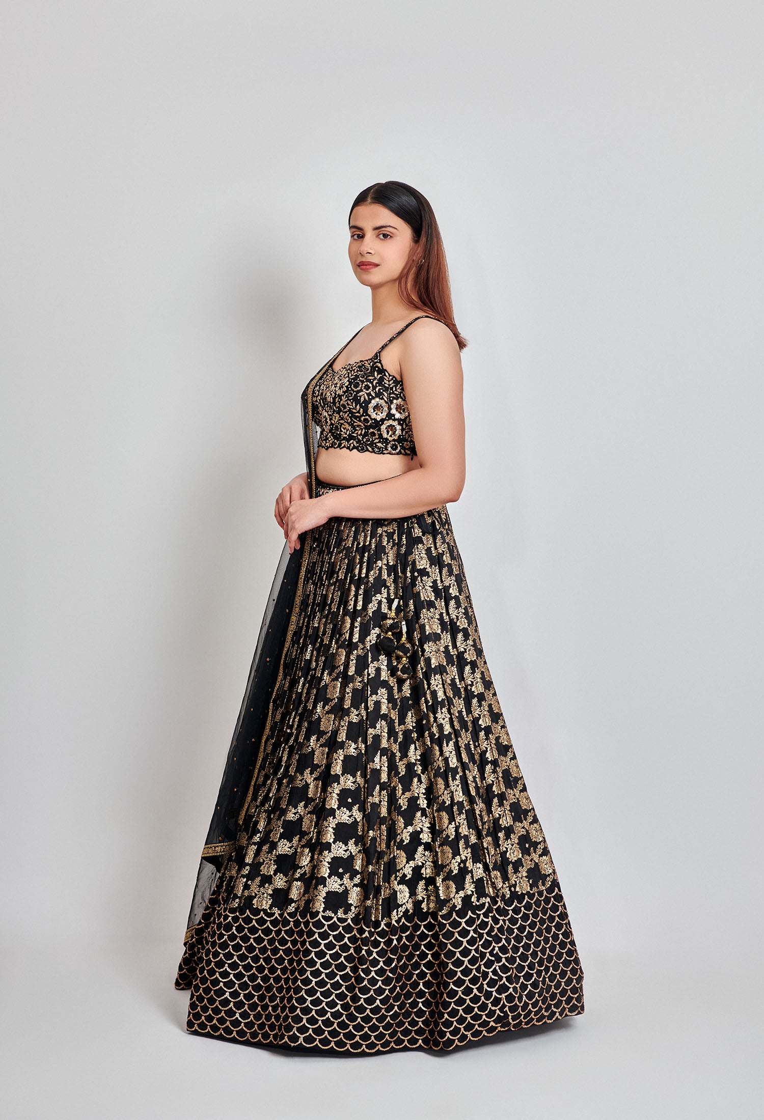 Black and Gold Mirror Work Lehenga