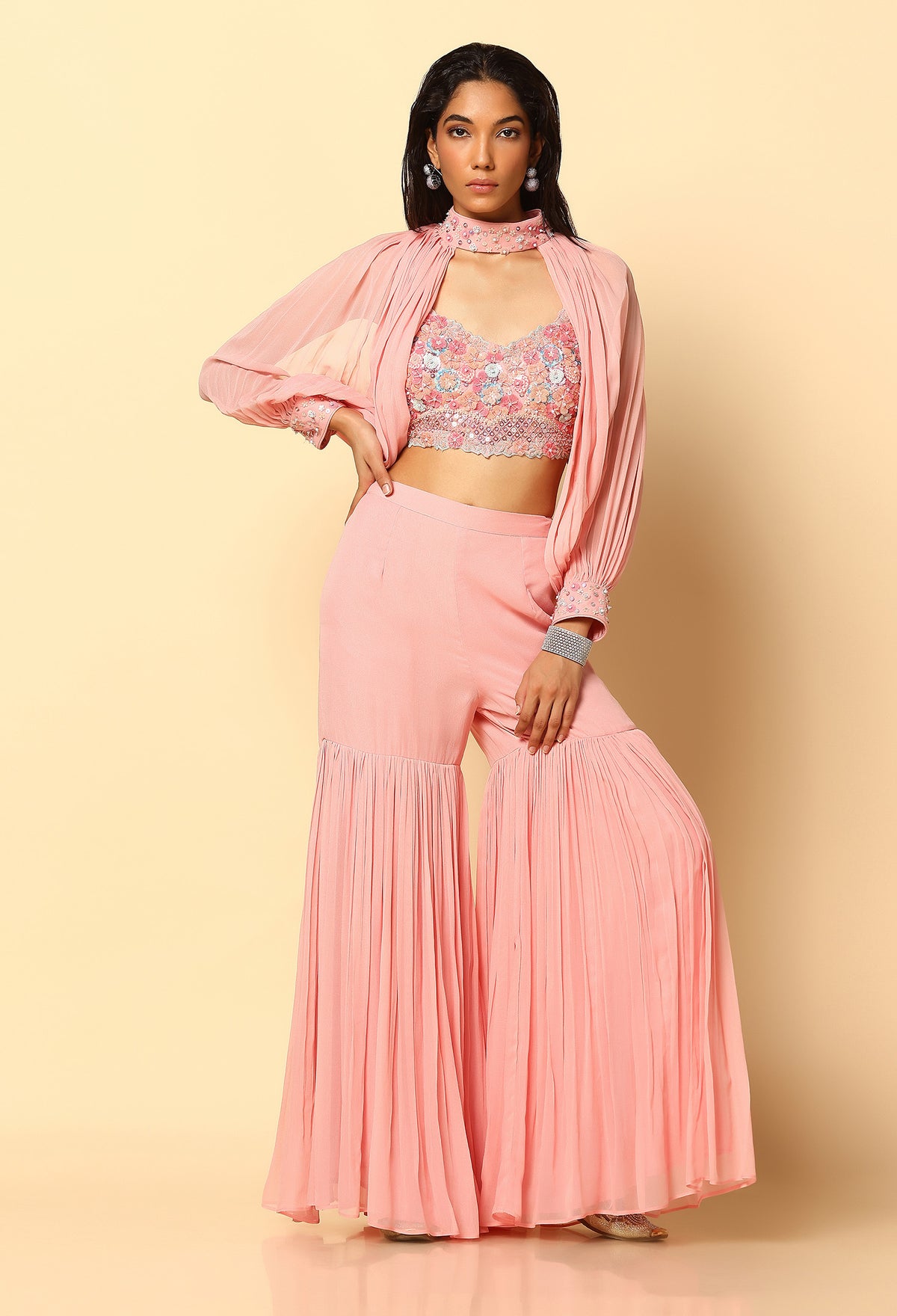 Pink Sharara Fusion Wear with 3D Embroidered Blouse