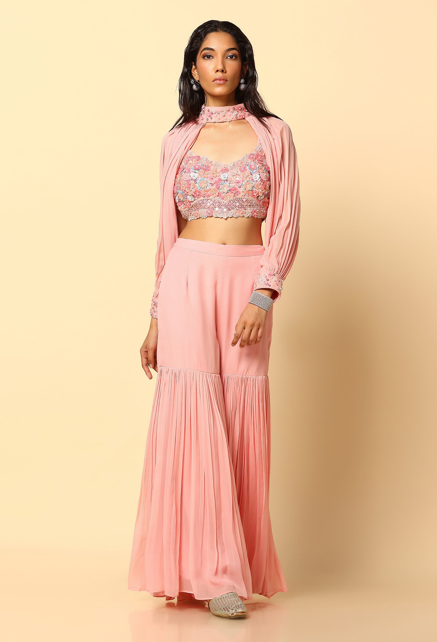 Pink Sharara Fusion Wear with 3D Embroidered Blouse