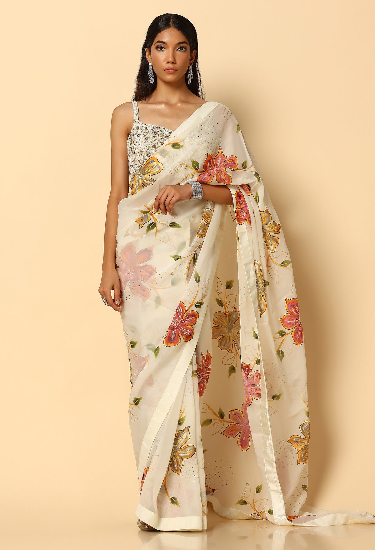 Printed Ivory Saree with Full Handwork Blouse